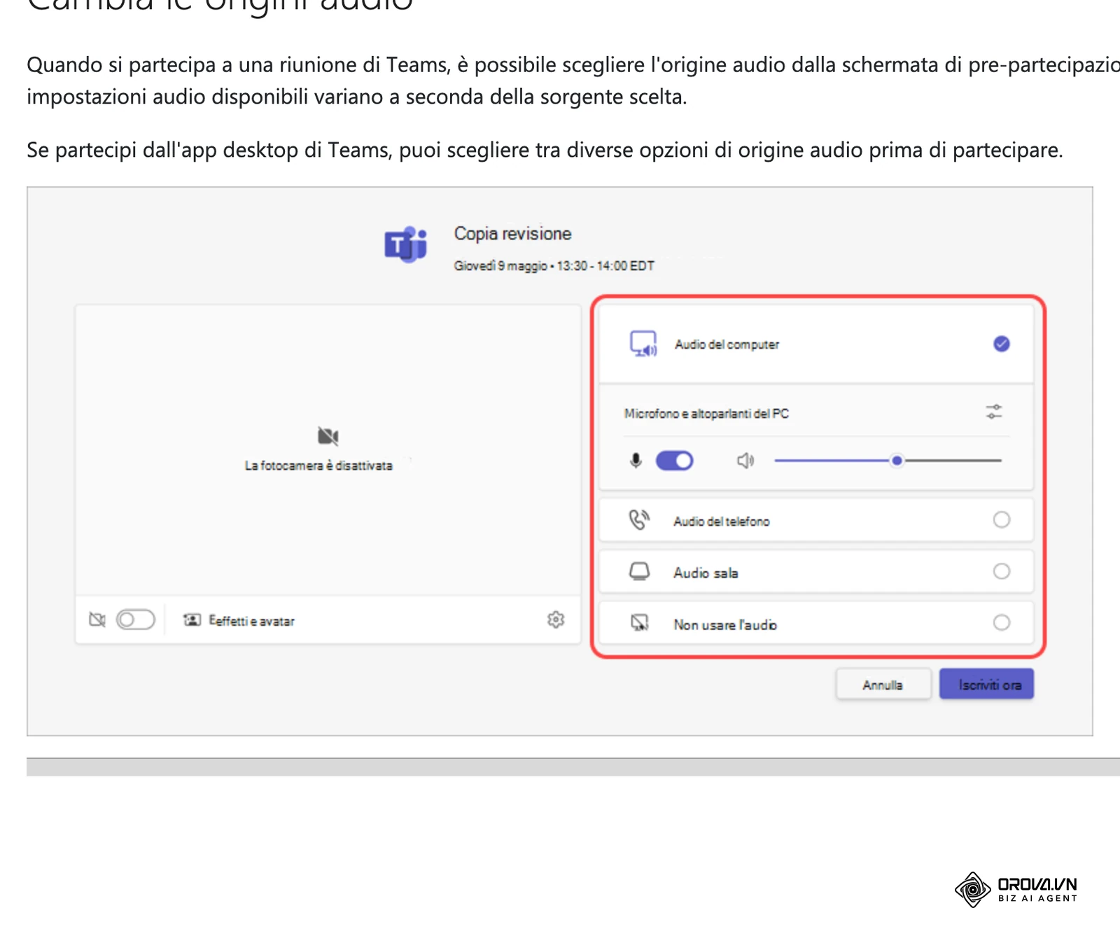 Guida di Microsoft Teams: la schermata di pre-partecipazione con la scelta dell'origine audio e il controllo di fotocamera e microfono.