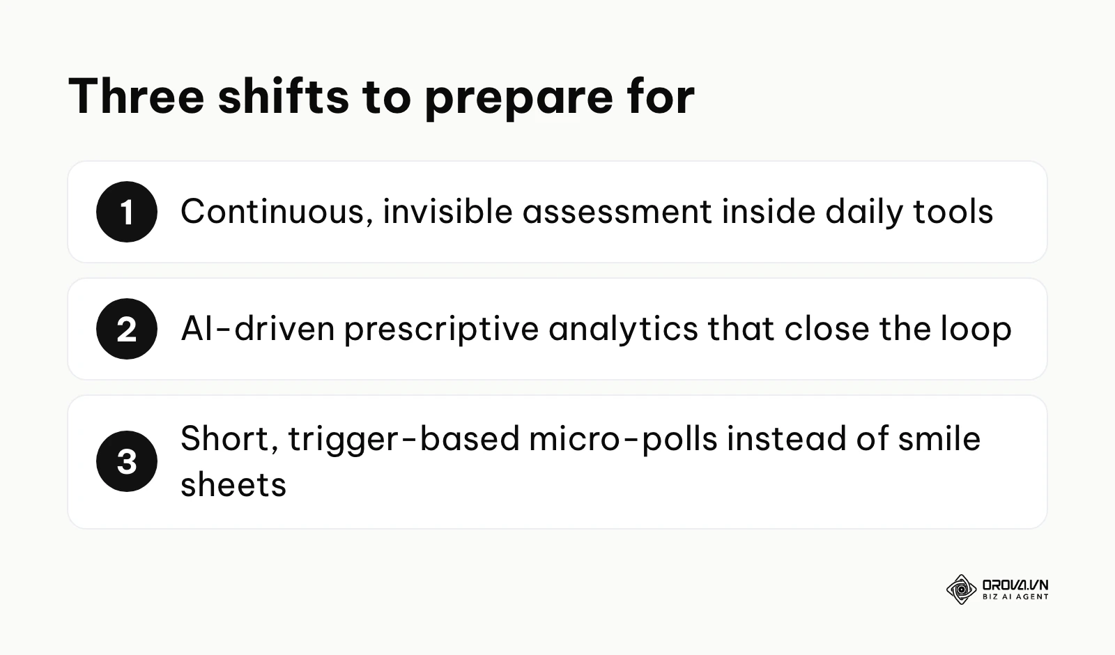 Summary of three expected shifts in training evaluation: continuous assessment, prescriptive AI analytics and trigger-based micro-polls.