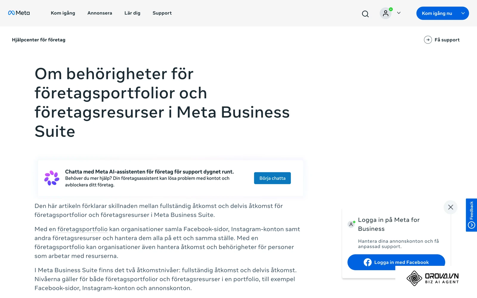 Metas hjälpcenter om behörigheter för företagstillgångar, där du styr vilka personer som får hantera sidan och vad de får göra.