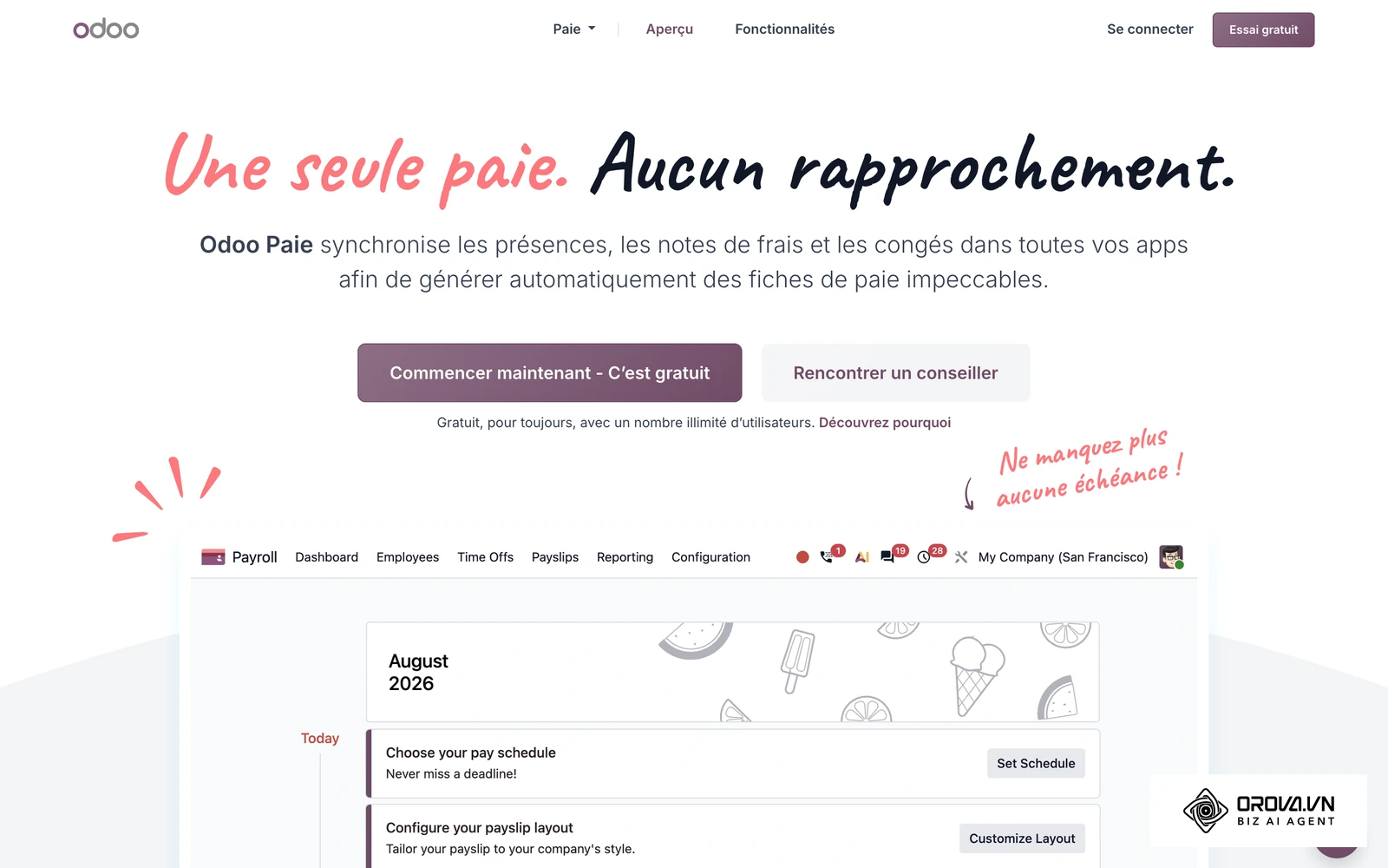 Page officielle de l'application Paie d'Odoo : interface de préparation des bulletins de paie à partir des éléments variables.