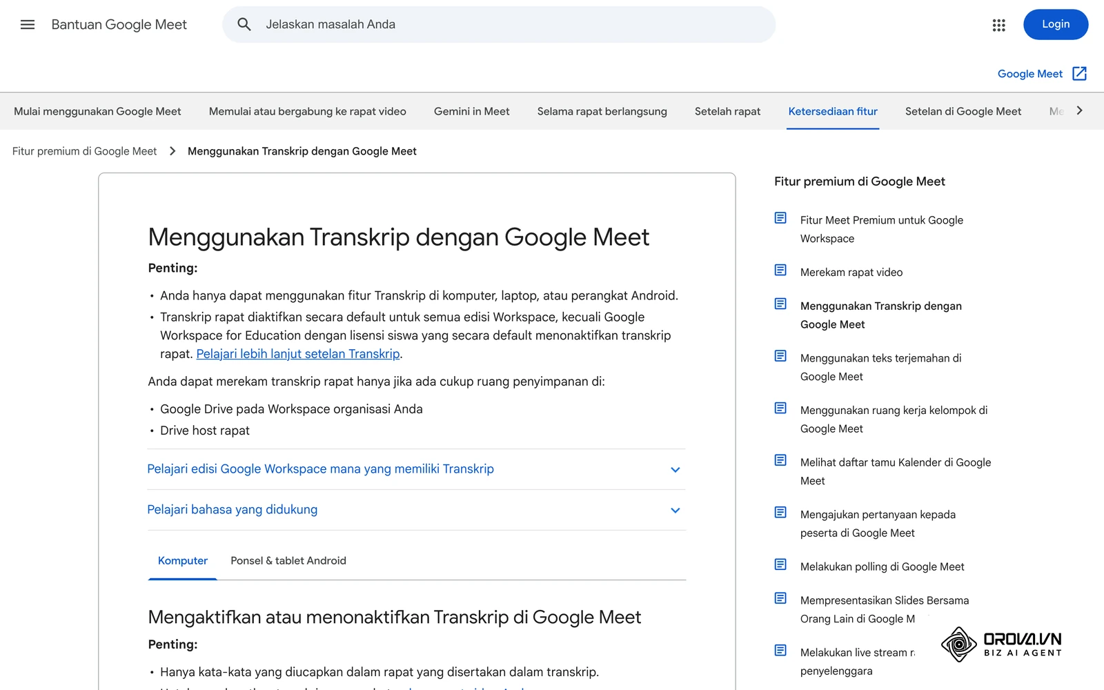 Halaman Bantuan Google Meet tentang Transkrip: langkah Alat rapat, Transkripsikan, Mulai transkripsi, dan daftar bahasa yang didukung.