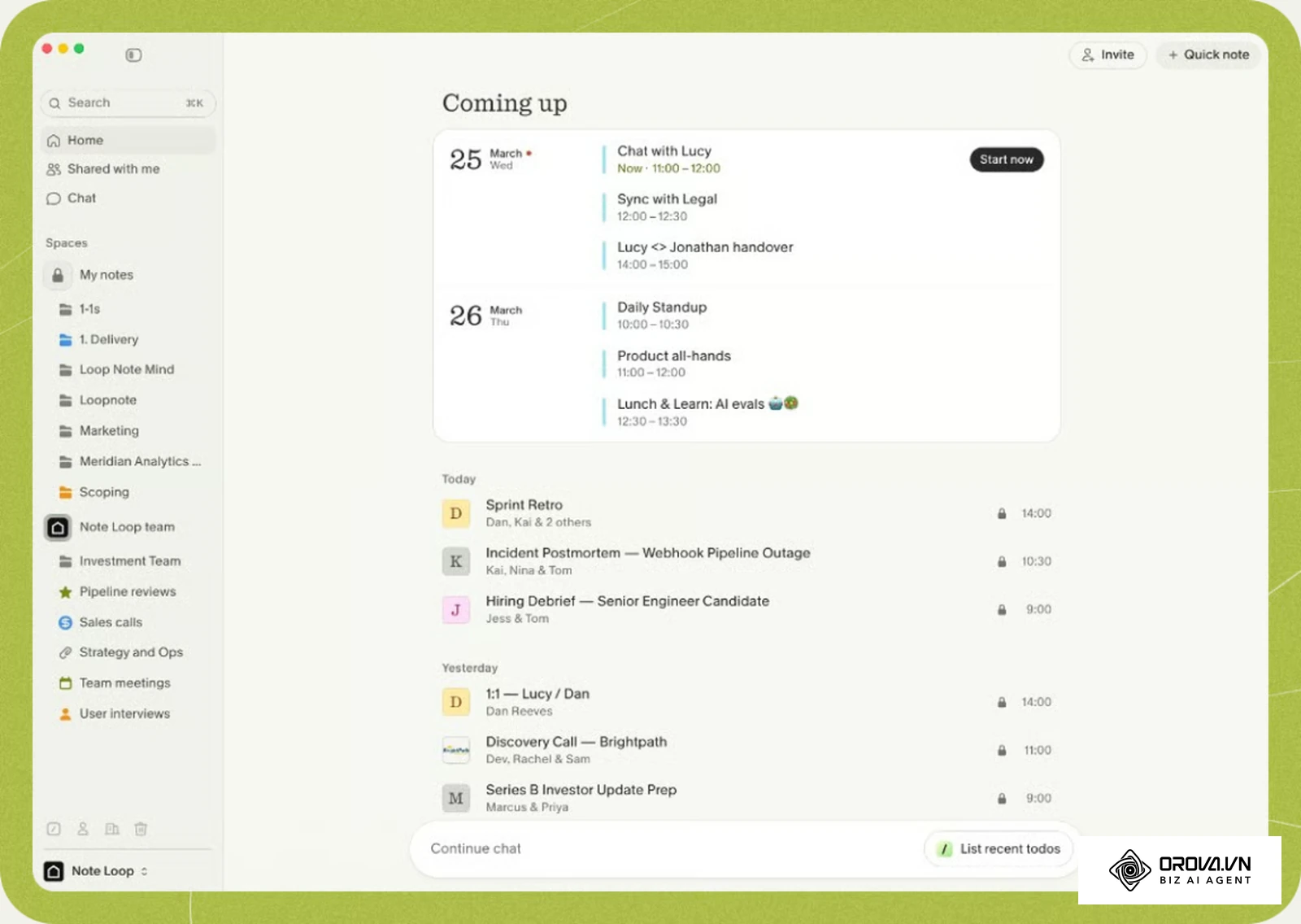 Granola darbalaukio programos pagrindinis langas: artimiausi susitikimai kalendoriuje, mygtukas Start now ir ankstesnių susitikimų užrašų sąrašas