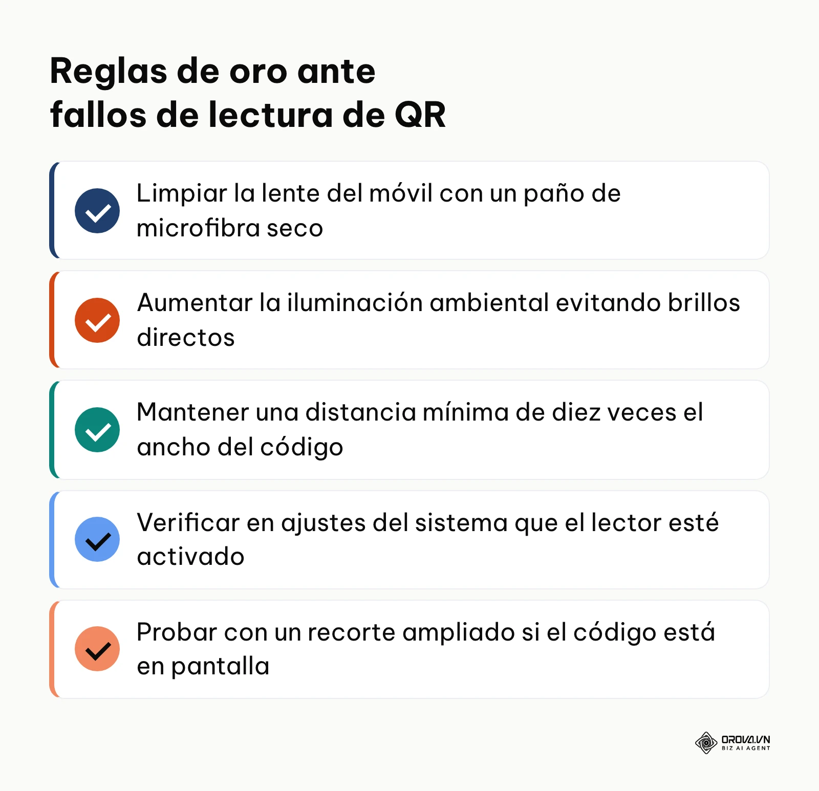 Resumen con marcas de verificación de los cinco ajustes más efectivos cuando la cámara no detecta códigos QR.