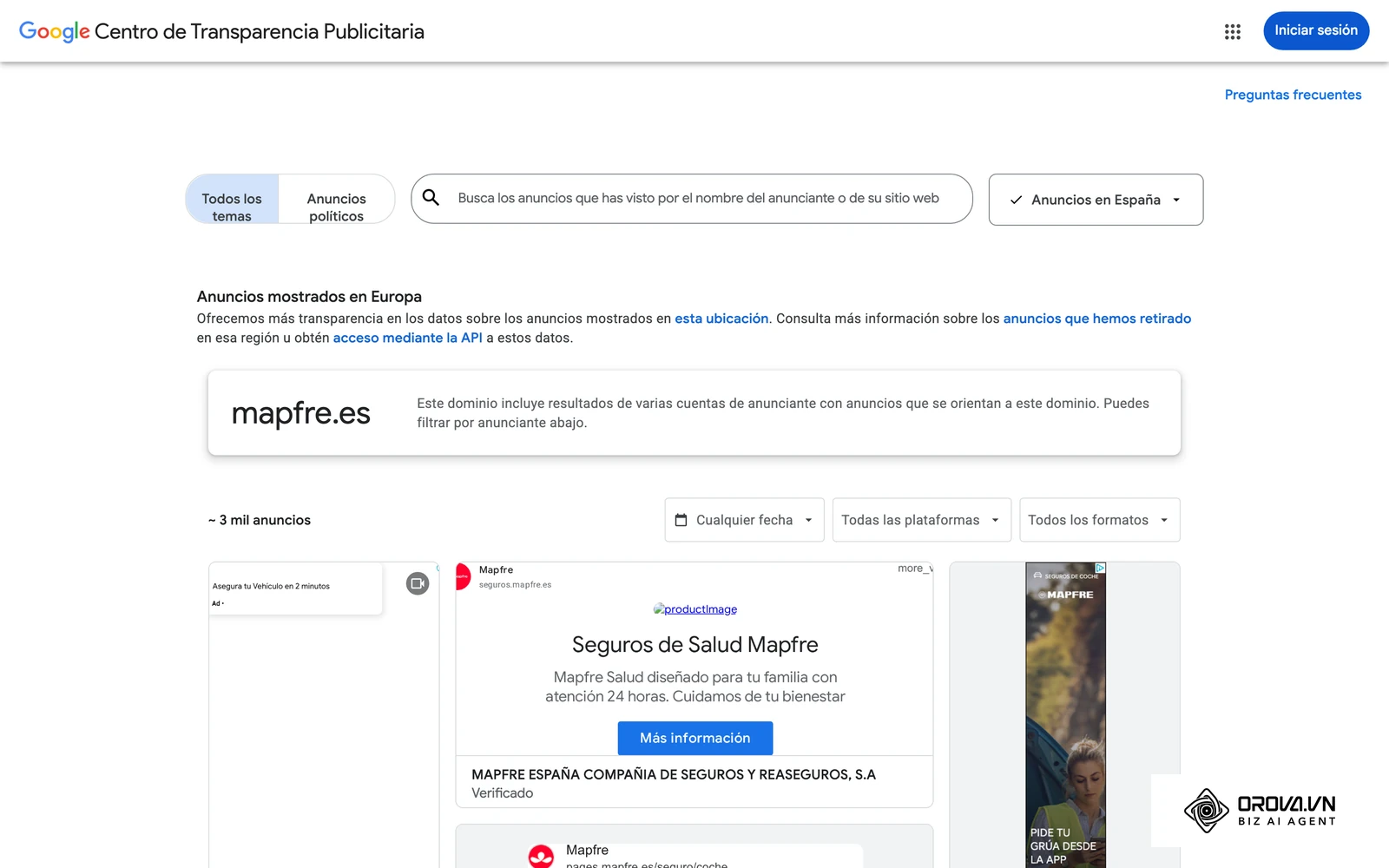 Centro de Transparencia Publicitaria de Google: anuncios reales publicados en España por un anunciante del sector seguros.