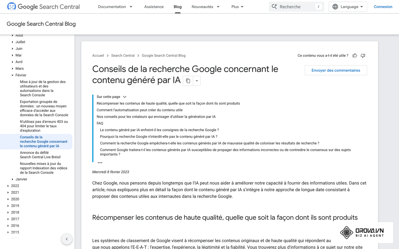 Article officiel de Google Search Central (février 2023) sur la position de la recherche Google face au contenu généré par IA.