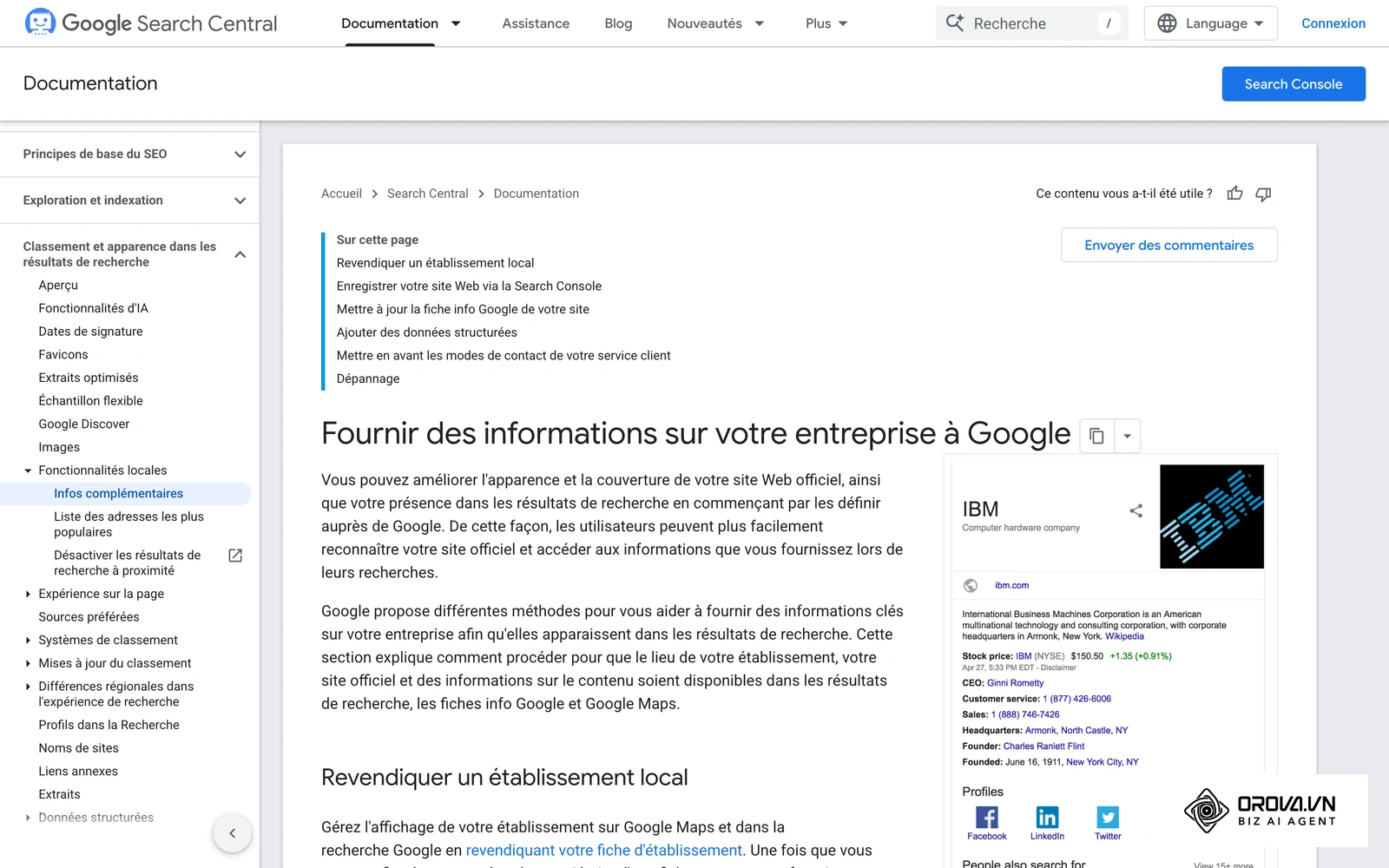 Documentation Google Search Central sur la gestion des informations d'établissement dans la recherche.