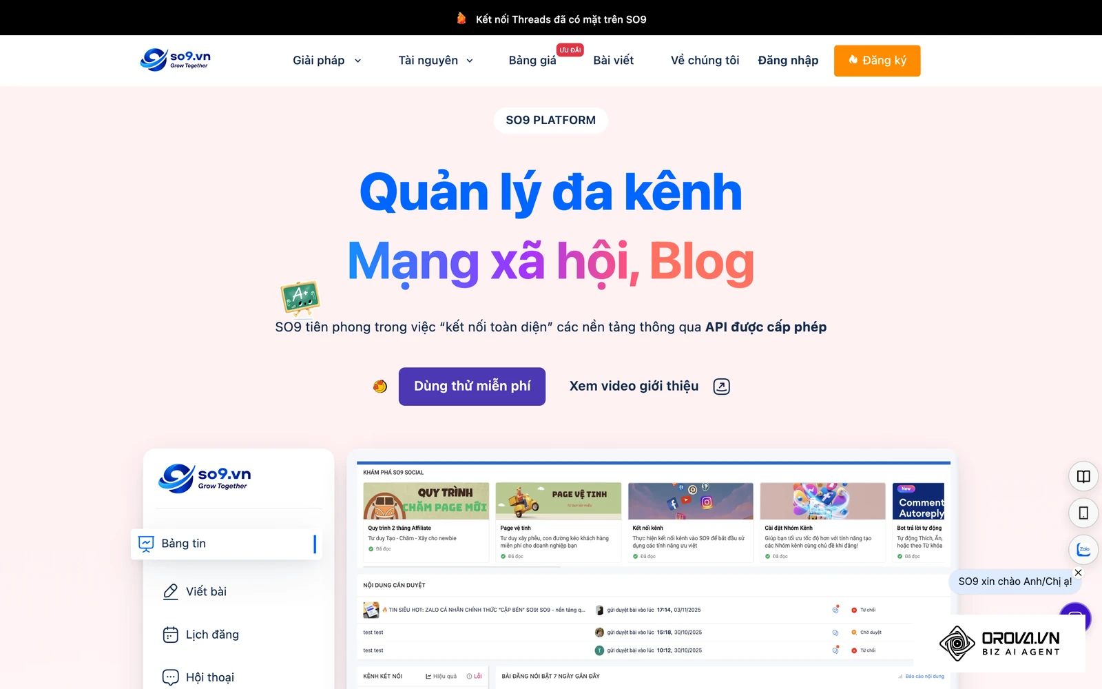 Trang chủ SO9, một công cụ quản lý và lên lịch đăng bài nhiều kênh của Việt Nam.