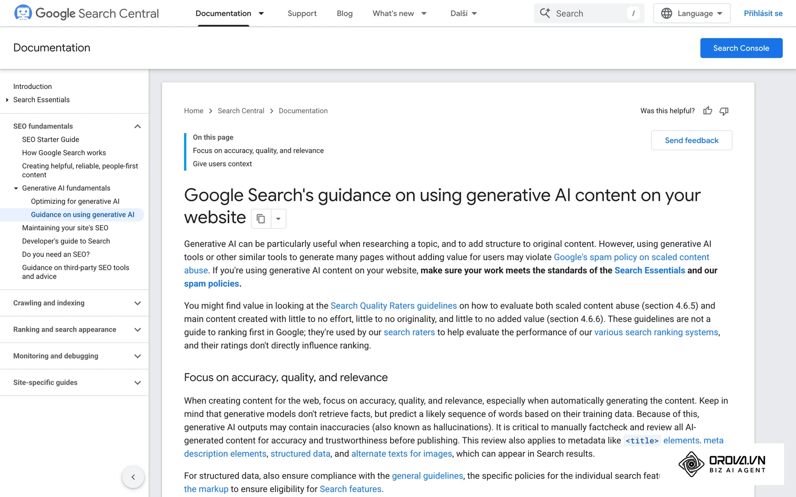 Dokumentace Google Search Central k obsahu vytvořenému generativní AI: kdy je použití AI v pořádku a kdy jde o spam.