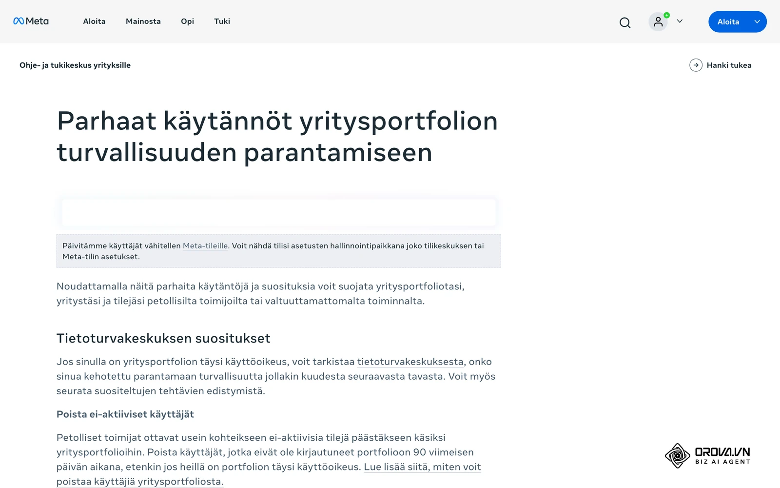 Metan ohje- ja tukikeskus yrityksille (suomeksi): parhaat käytännöt yritysportfolion turvallisuuden parantamiseen ja Tietoturvakeskuksen suositukset.