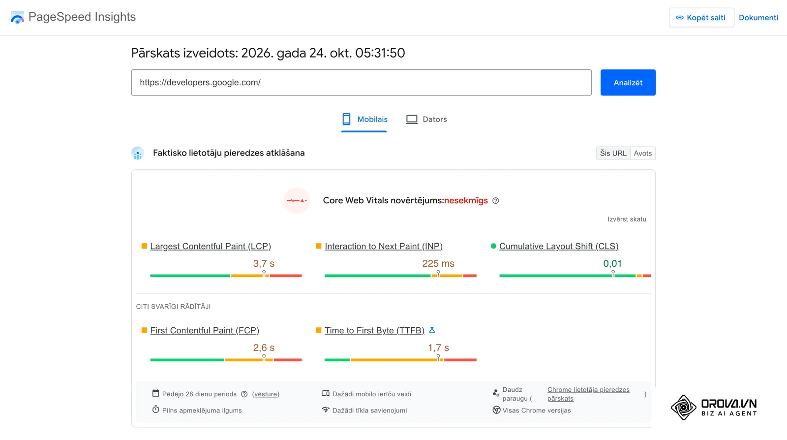Google PageSpeed Insights pārskats ar Core Web Vitals rādītājiem (LCP, INP, CLS) norādītajai adresei.