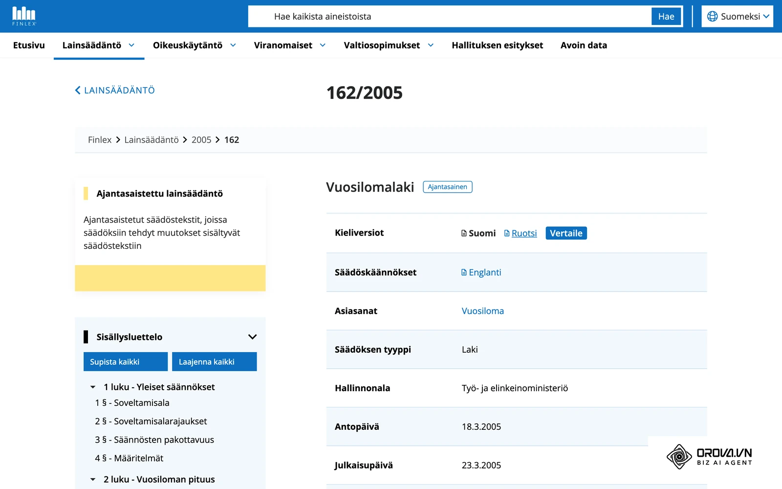 Vuosilomalaki (162/2005) Finlexissä: loman kertyminen ja lomapäiviksi luettavat arkipäivät.