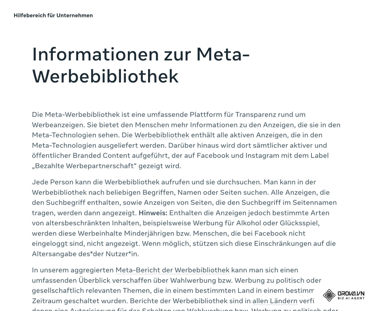 Artikel „Informationen zur Meta-Werbebibliothek“ im Hilfebereich für Unternehmen von Meta auf Deutsch