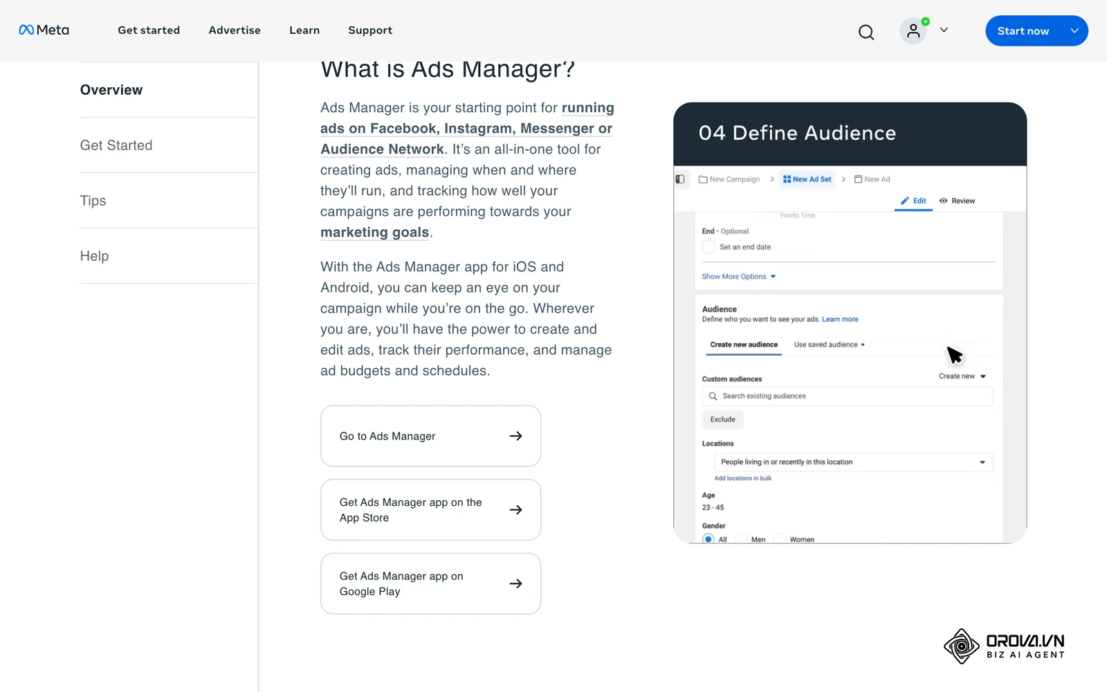 Офіційна сторінка Meta про Ads Manager: фрагмент екрана групи оголошень (New Ad Set) з розділом визначення аудиторії.