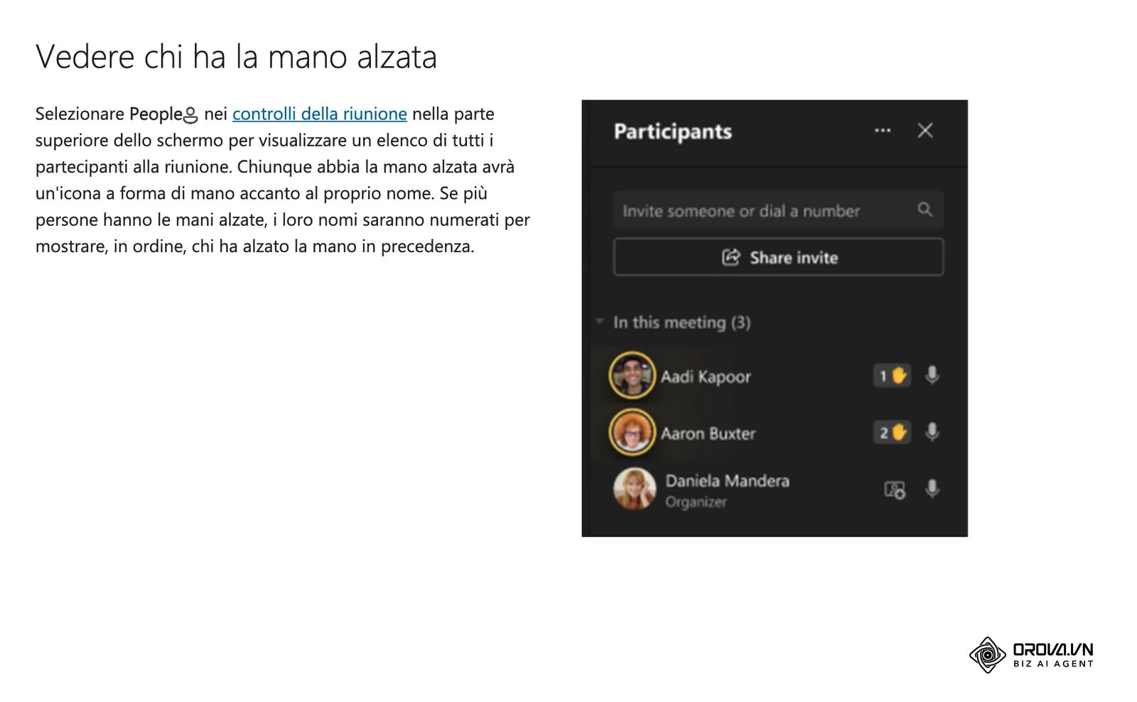 Guida di Microsoft Teams: il pannello Partecipanti mostra in ordine chi ha alzato la mano.