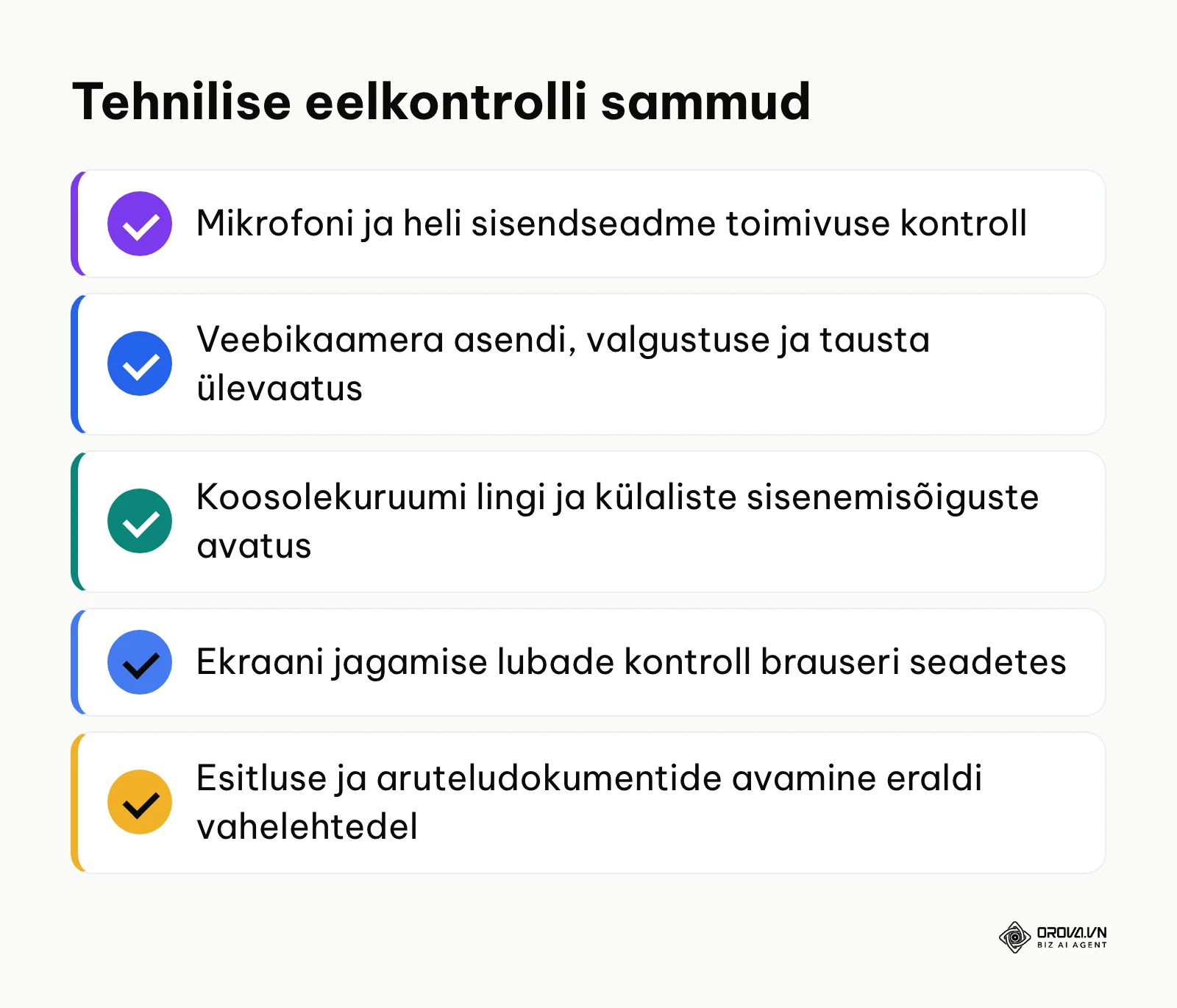 Kokkuvõtlik kontrollnimekiri tehniliseks ettevalmistuseks mõni minut enne virtuaalkohtumist.