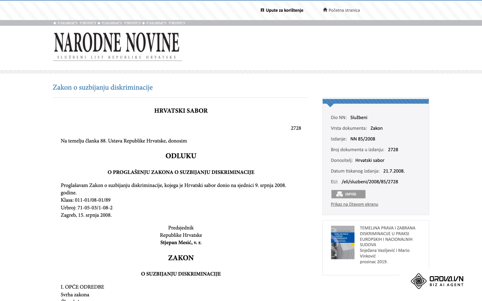 Zakon o suzbijanju diskriminacije (NN 85/2008) u Narodnim novinama, propis koji štiti kandidate od nejednakog postupanja.