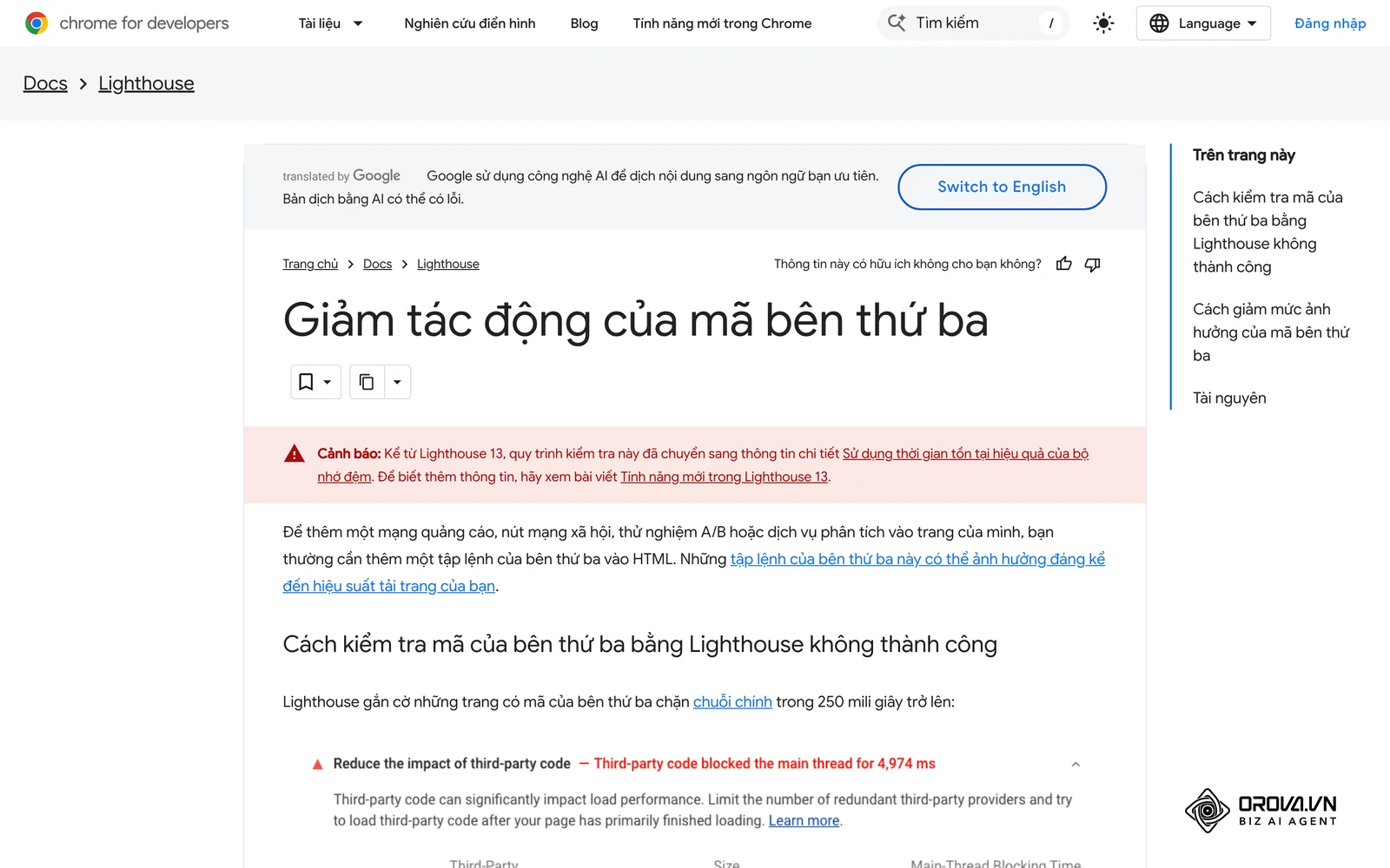 Công cụ Lighthouse của Chrome cảnh báo về tác động của mã JavaScript từ bên thứ ba khi nhúng video trực tiếp.