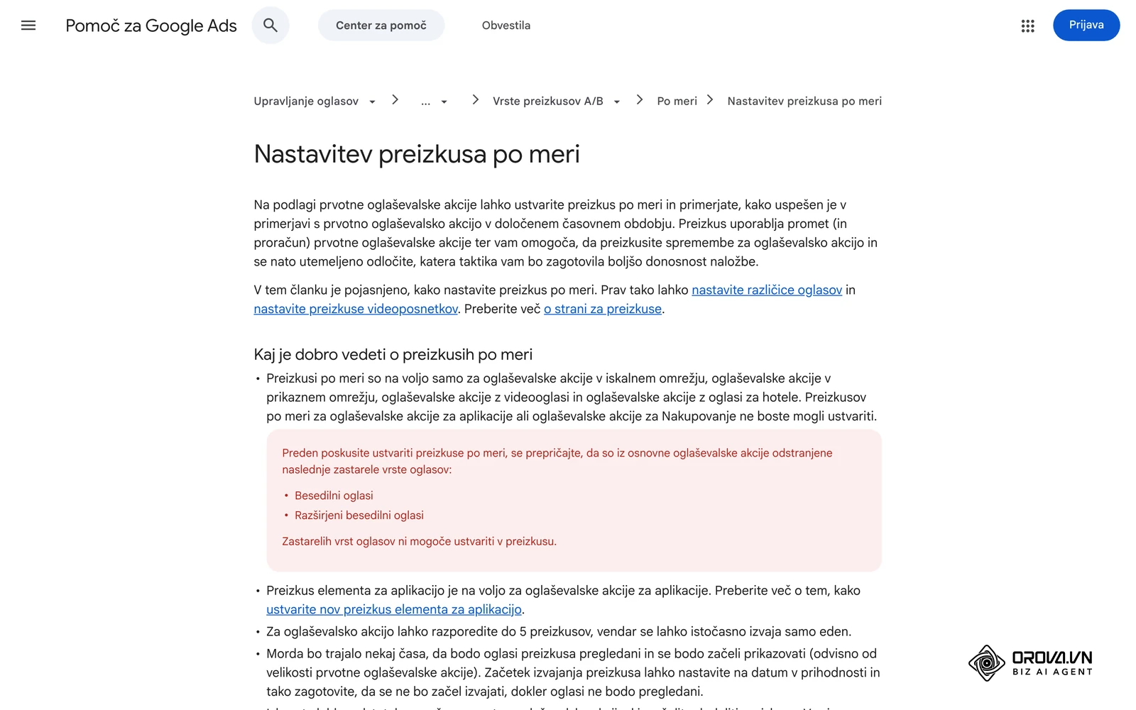 Center za pomoč Google Ads, članek o nastavitvi preizkusa po meri, ki si z izvirno kampanjo deli promet in proračun.