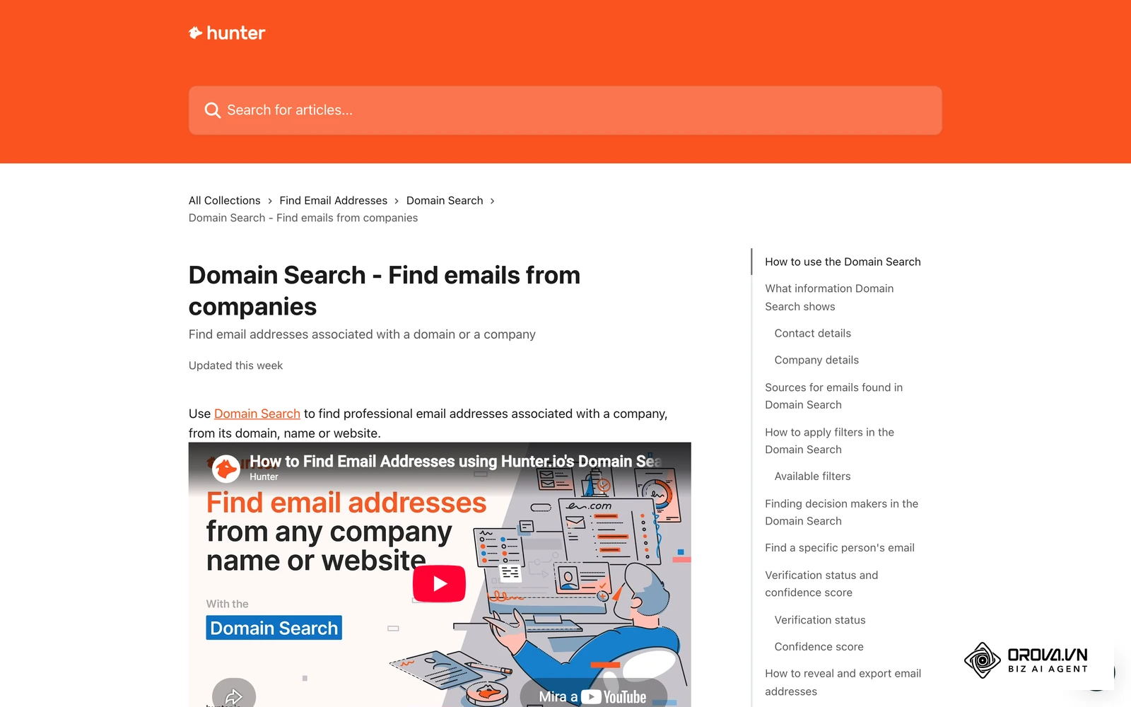 Article d'ajuda oficial de Hunter sobre Domain Search: adreces publicades associades a un domini, amb la font on apareix cada una.