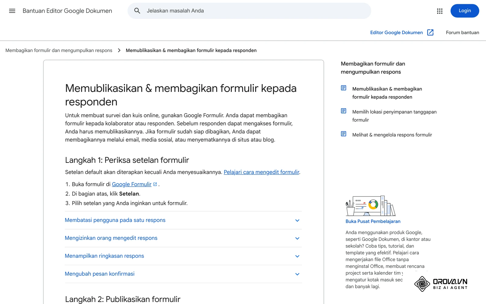 Halaman Bantuan Google (bahasa Indonesia) tentang memublikasikan formulir: setelan Batasi ke 1 jawaban, Izinkan pengeditan respons, dan Akses umum.