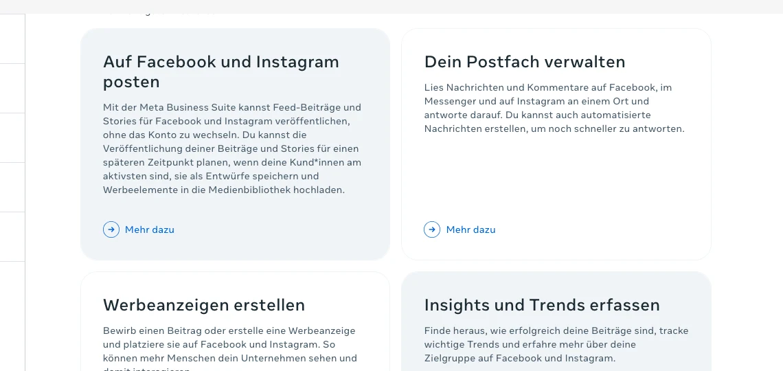 Meta Business Suite (offizielle deutsche Seite von Meta): Beiträge für Facebook und Instagram planen, Nachrichten und Kommentare an einem Ort beantworten, Statistiken zu Beiträgen einsehen.