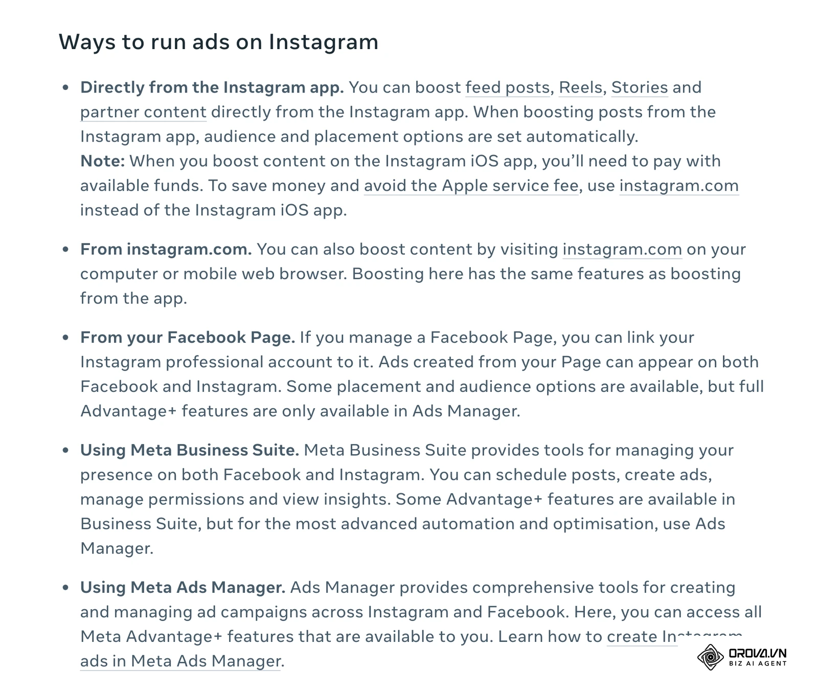Meta centar za pomoć (engleski): „Ways to run ads on Instagram“ – Boost u aplikaciji, instagram.com, Facebook stranica, Meta Business Suite i Meta Ads Manager.