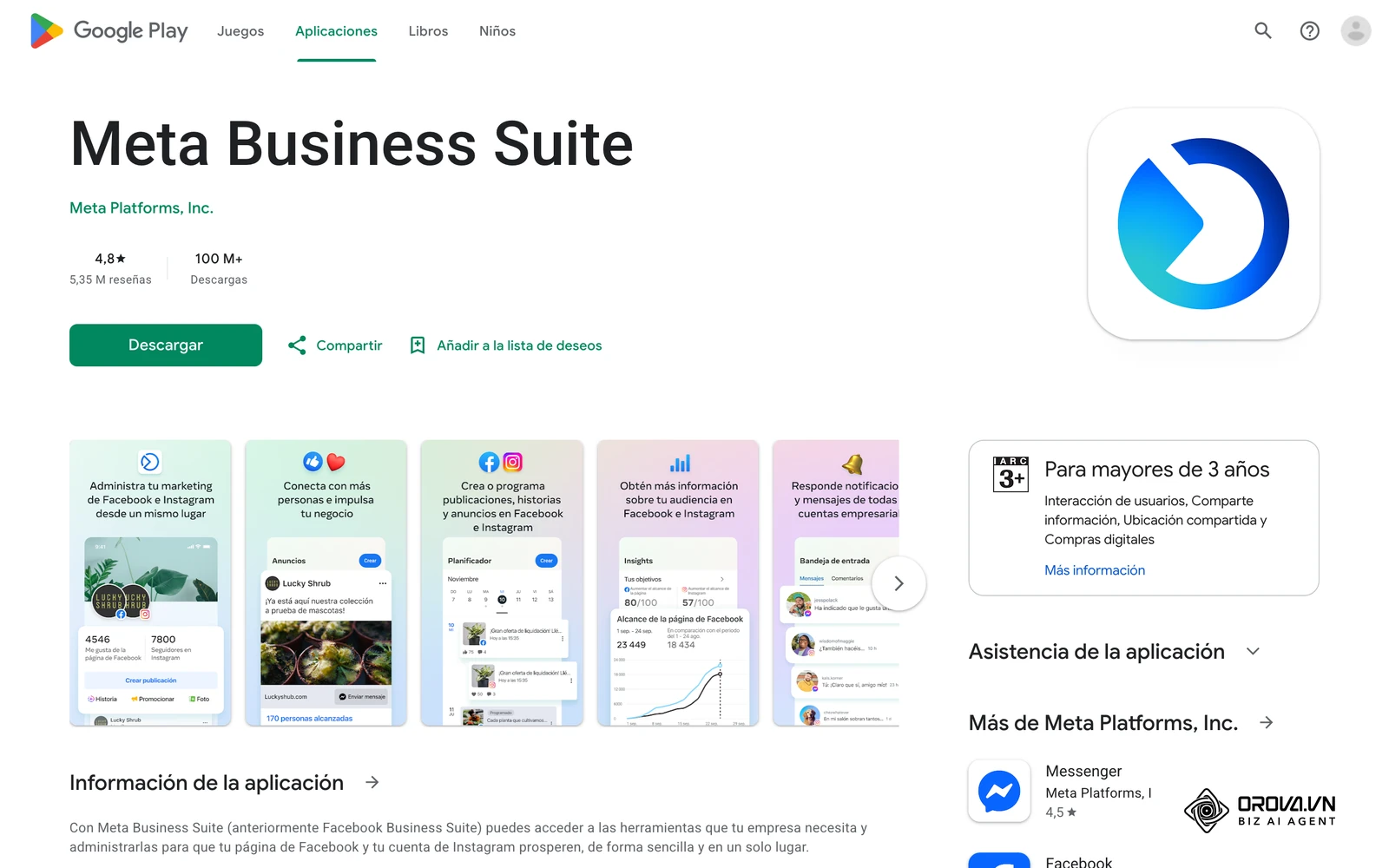 Ficha oficial de Meta Business Suite en Google Play con capturas del planificador de publicaciones, estadísticas y bandeja de entrada de Facebook e Instagram.