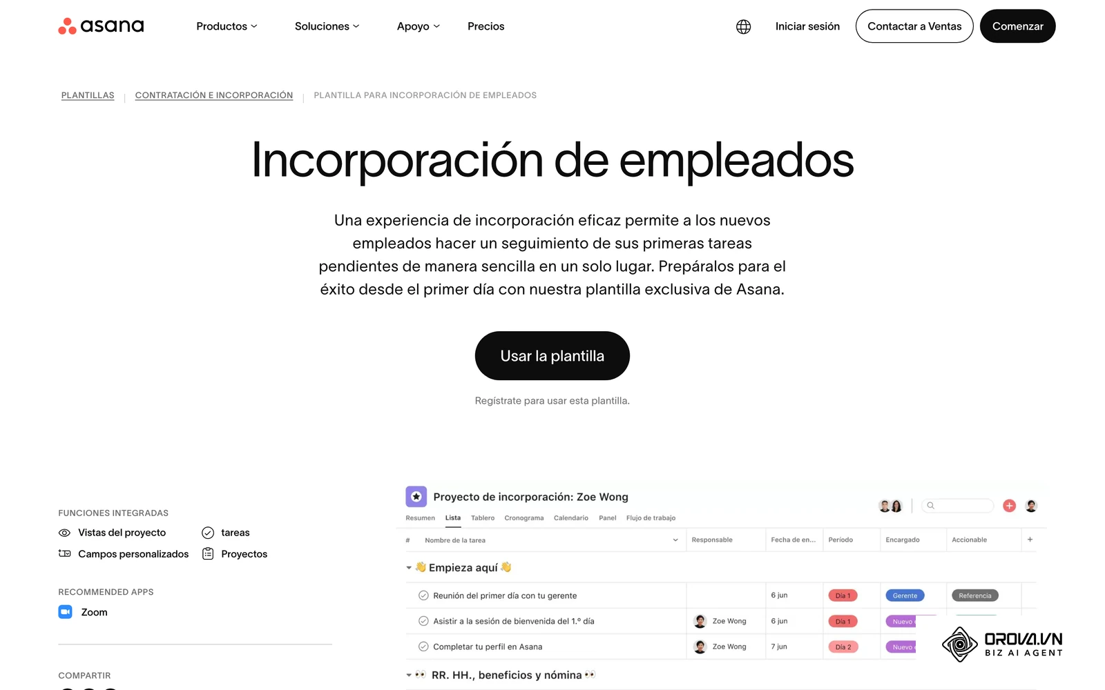 Plantilla oficial de Asana para el onboarding de empleados: tareas del plan organizadas por fases y responsables.