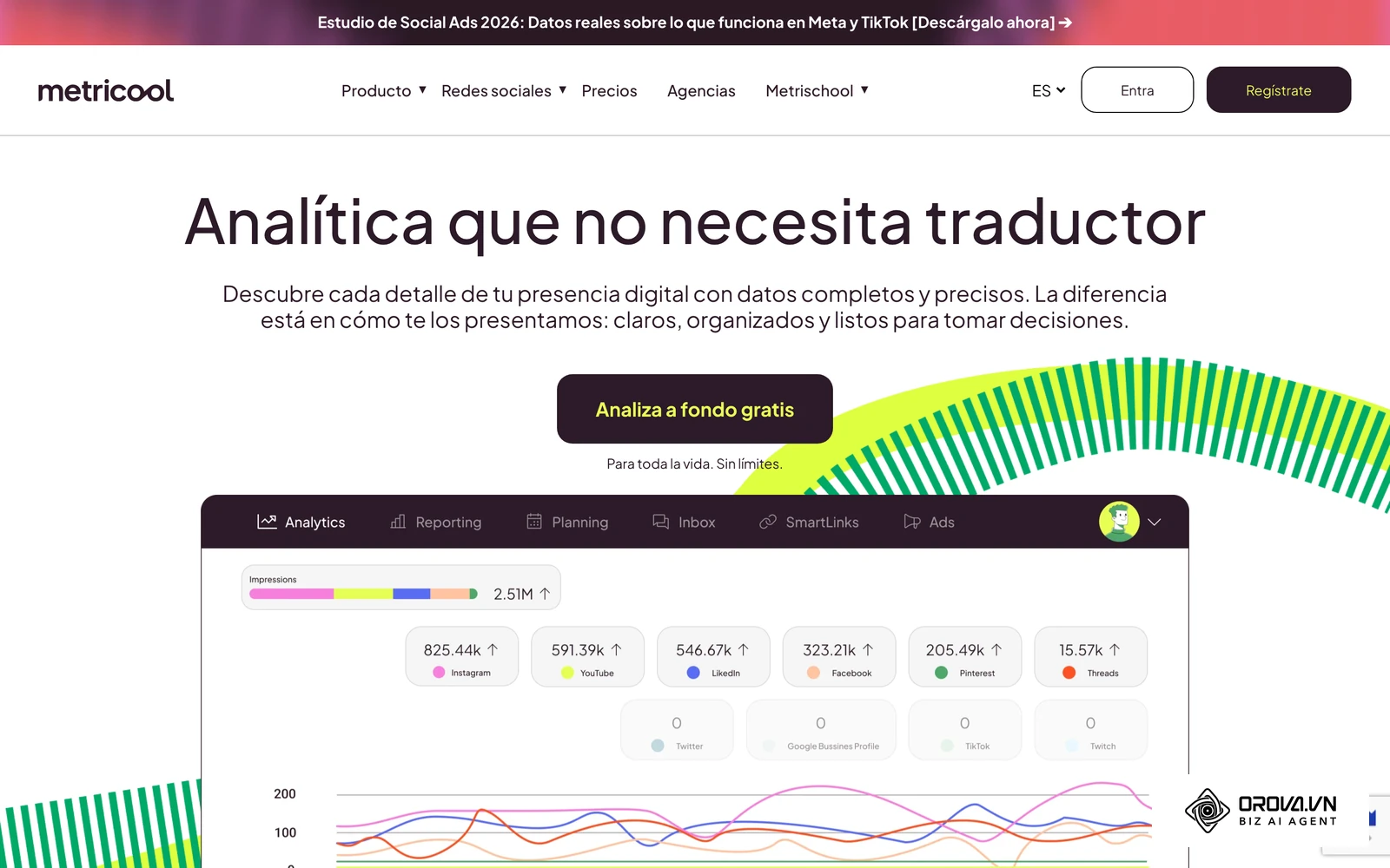 Página oficial de analítica de Metricool con capturas de su panel de métricas de redes sociales.