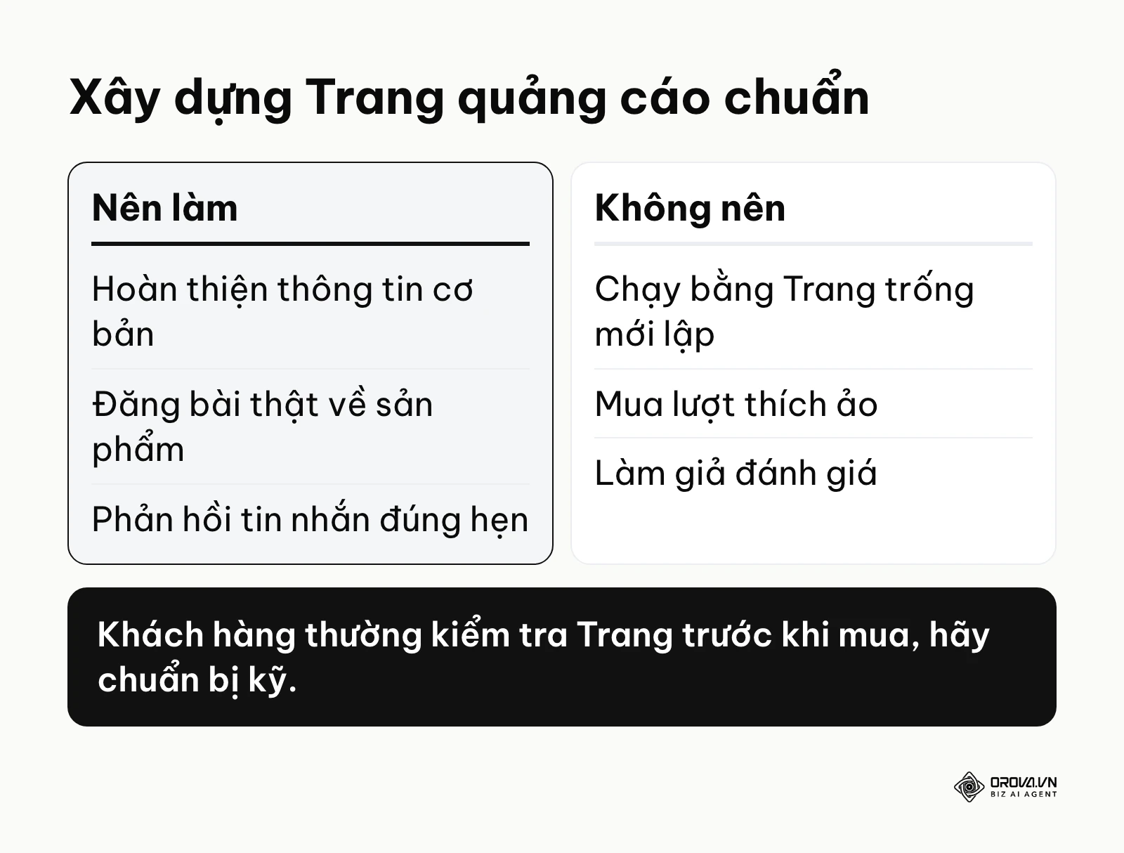 So sánh việc nên làm và không nên làm khi chuẩn bị Trang Facebook để chạy quảng cáo