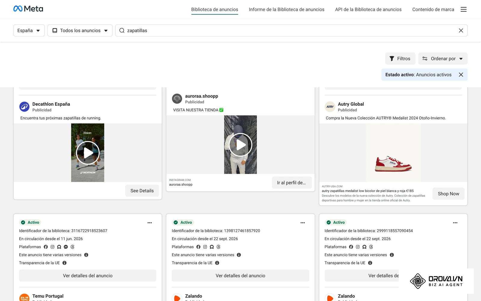 Biblioteca de anuncios de Meta: anuncios reales activos en España, el tipo de creatividad que ve un usuario reimpactado.