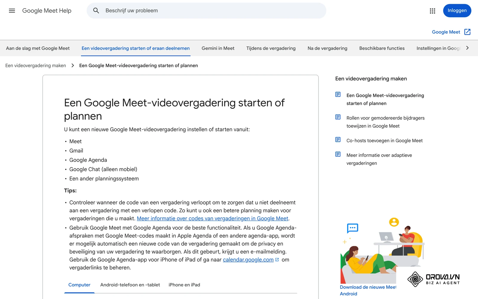 Officiële Nederlandstalige hulppagina van Google Meet: een videovergadering starten of plannen, onder meer vanuit Google Agenda.