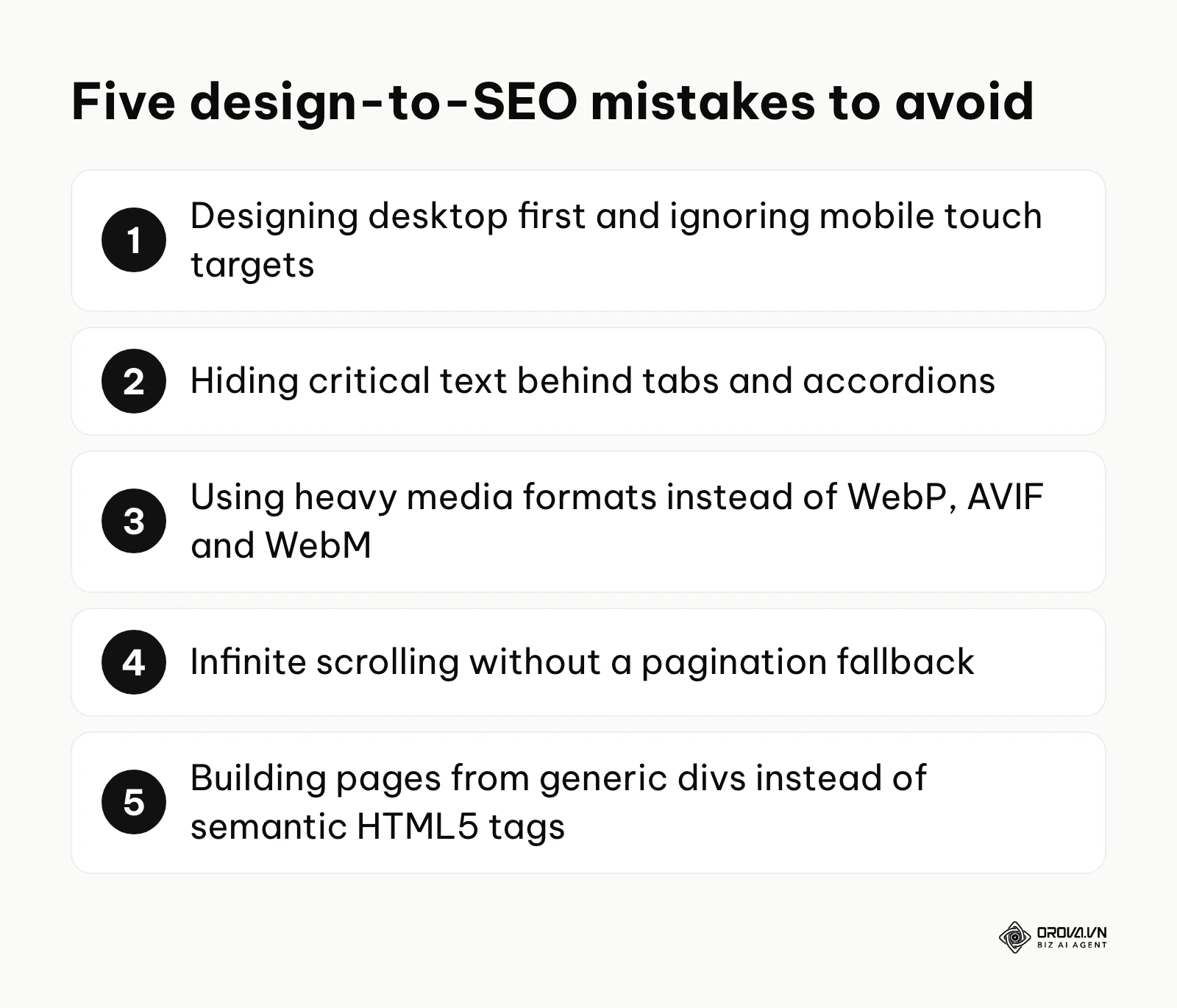 A numbered list of five common mistakes when integrating SEO and web design.