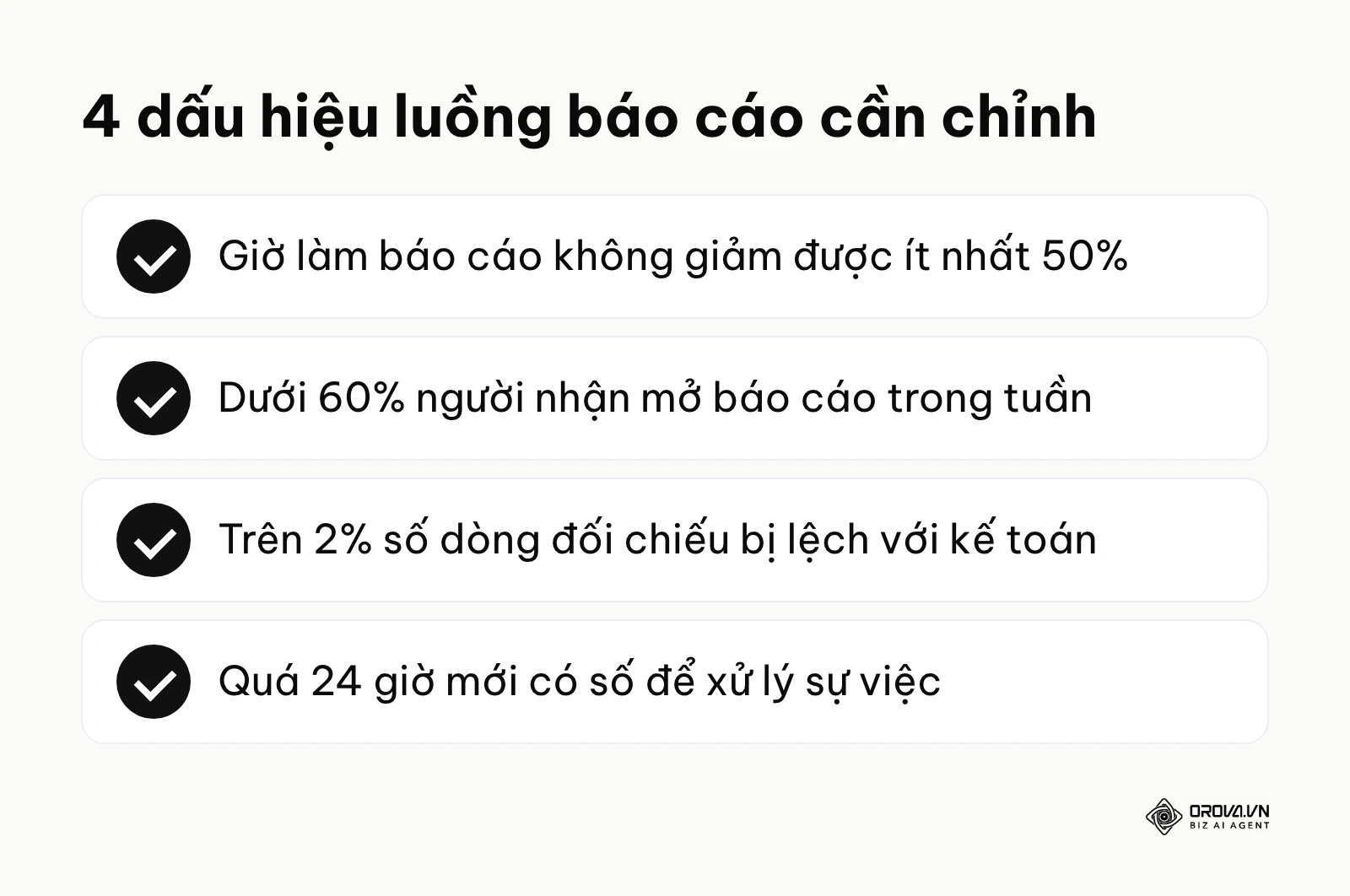 Danh sách 4 ngưỡng gợi ý cho thấy luồng tự động hoá báo cáo doanh số cần được chỉnh lại.