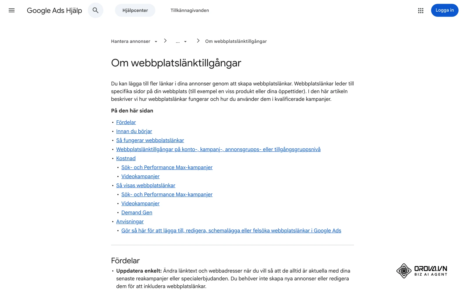 Google Ads hjälpcenter på svenska om webbplatslänkar (sitelinks), en av tillgångarna som ger sökannonsen mer plats.