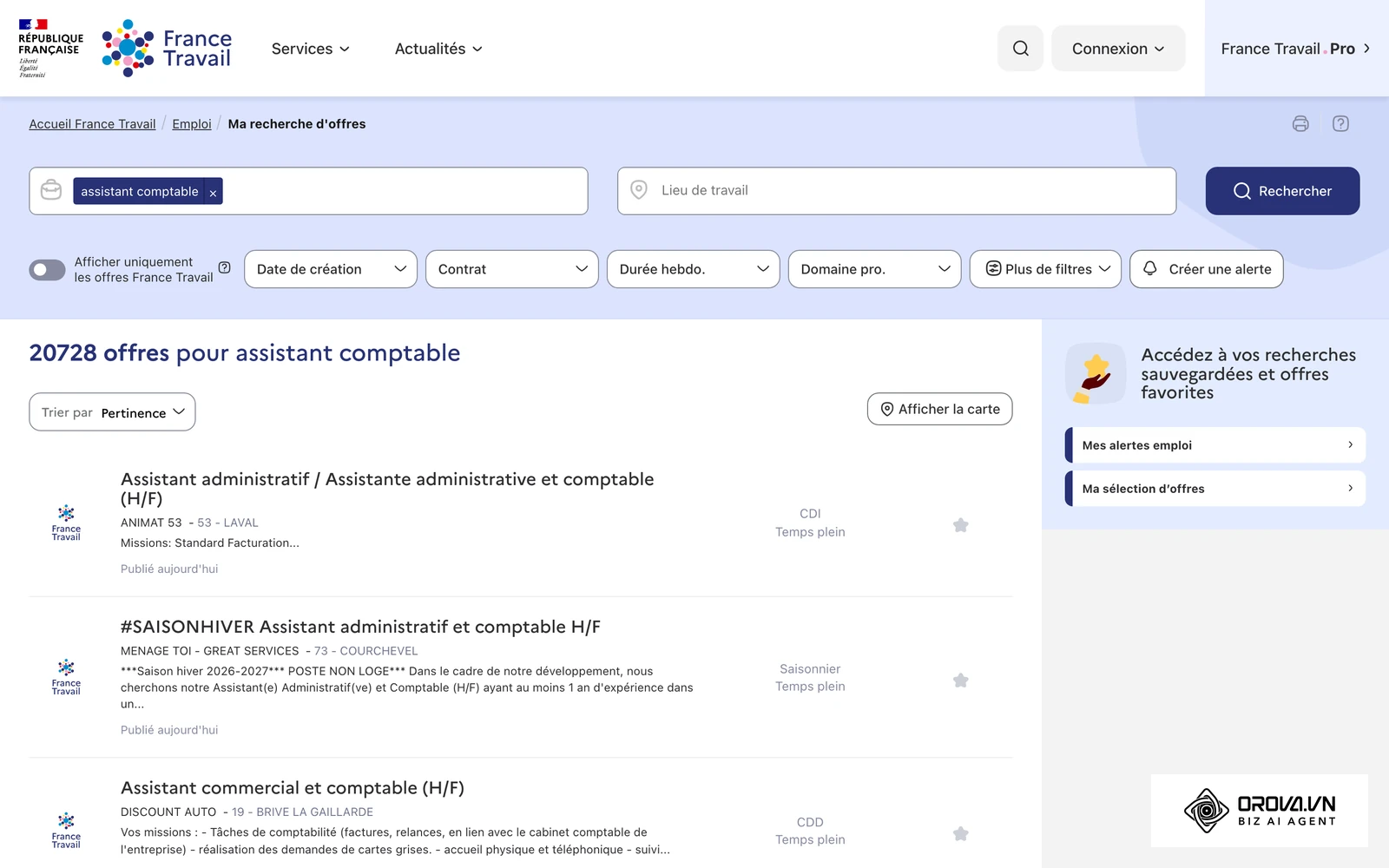 Liste d'offres « assistant comptable » sur le site de France Travail : en ligne, chaque annonce devient une fiche web consultable, filtrable et accessible en un clic.