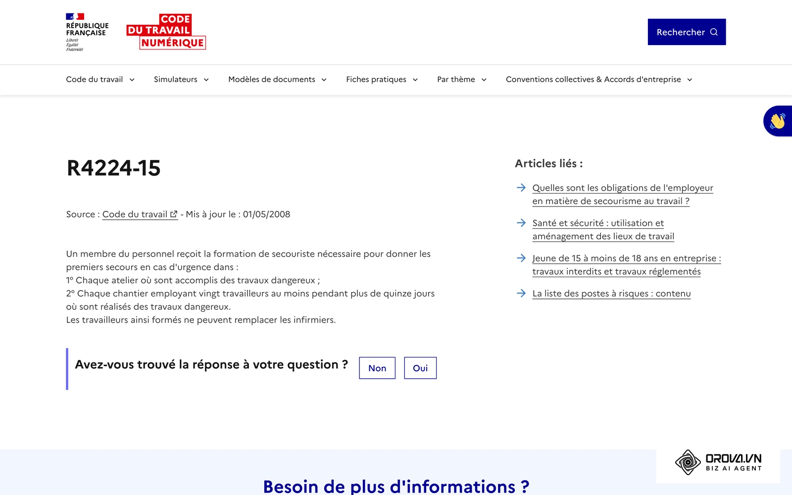 Article R4224-15 du Code du travail sur le Code du travail numérique : formation de secouriste dans les ateliers et chantiers à travaux dangereux.