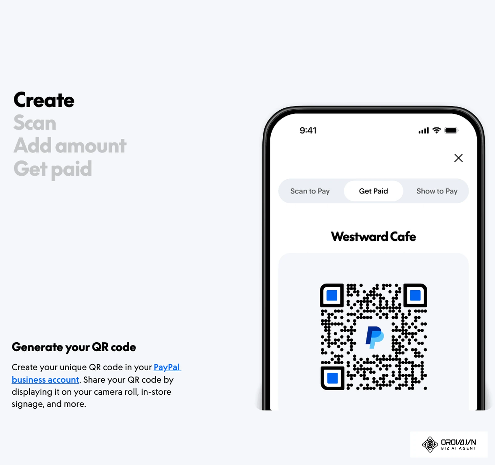 PayPal 官方商家页面展示的 App“Get Paid”收款二维码界面(商家出示、买家扫码)