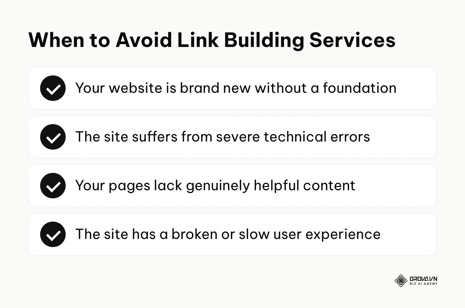 Checklist of conditions when you should avoid link building, like having a new site or technical errors.