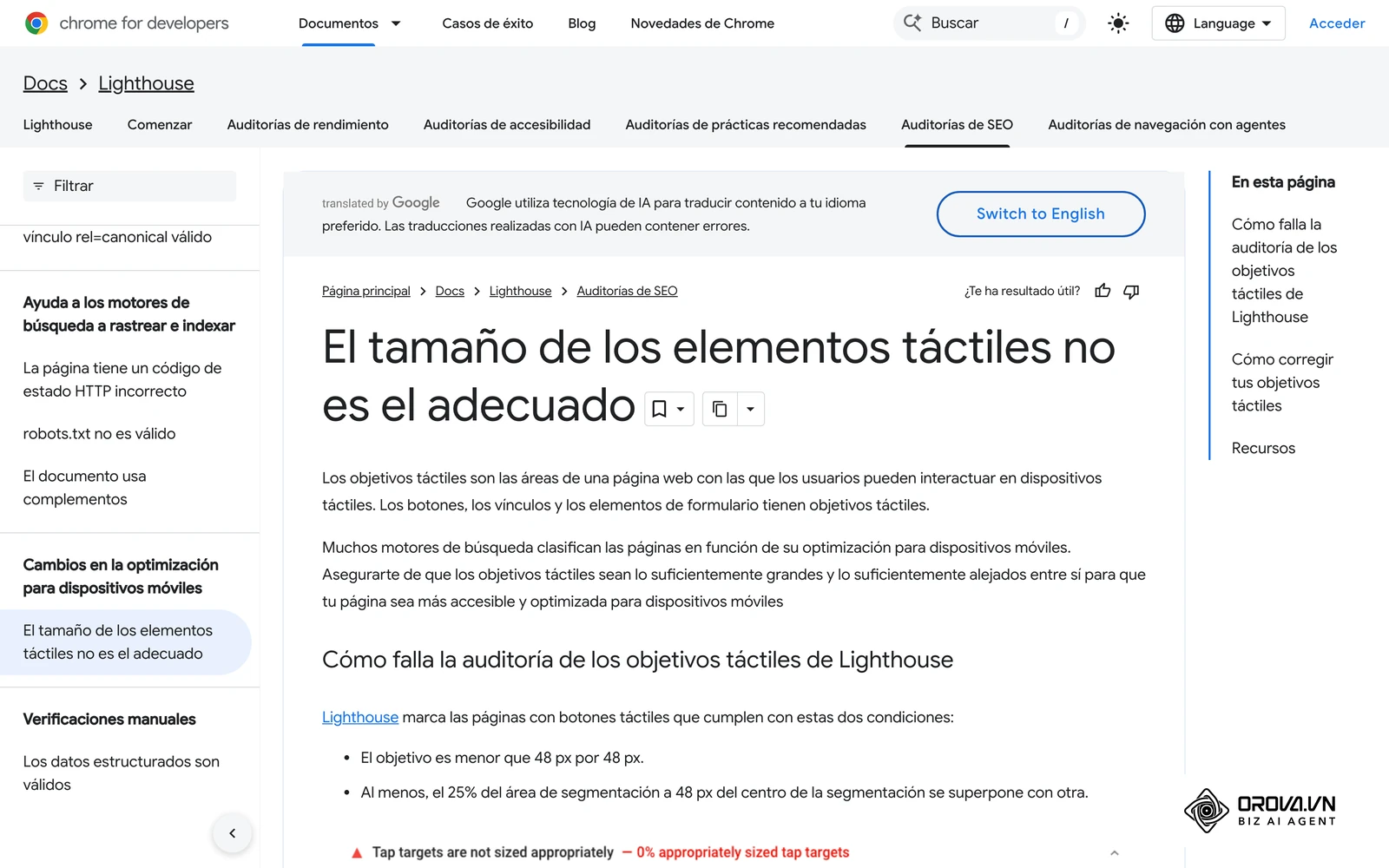 Documentación de Chrome (Lighthouse) sobre el tamaño adecuado de los objetivos táctiles en móvil.