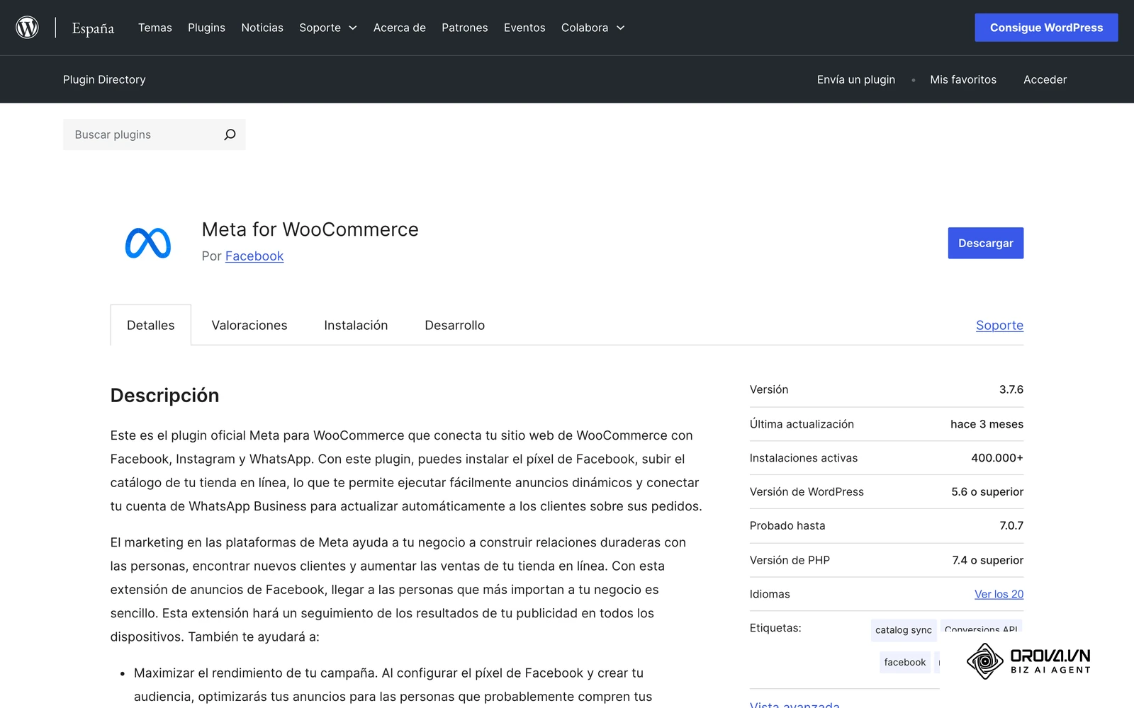 Extensión oficial Meta for WooCommerce, que sincroniza el catálogo de tu tienda con Meta antes de crear campañas de ventas.
