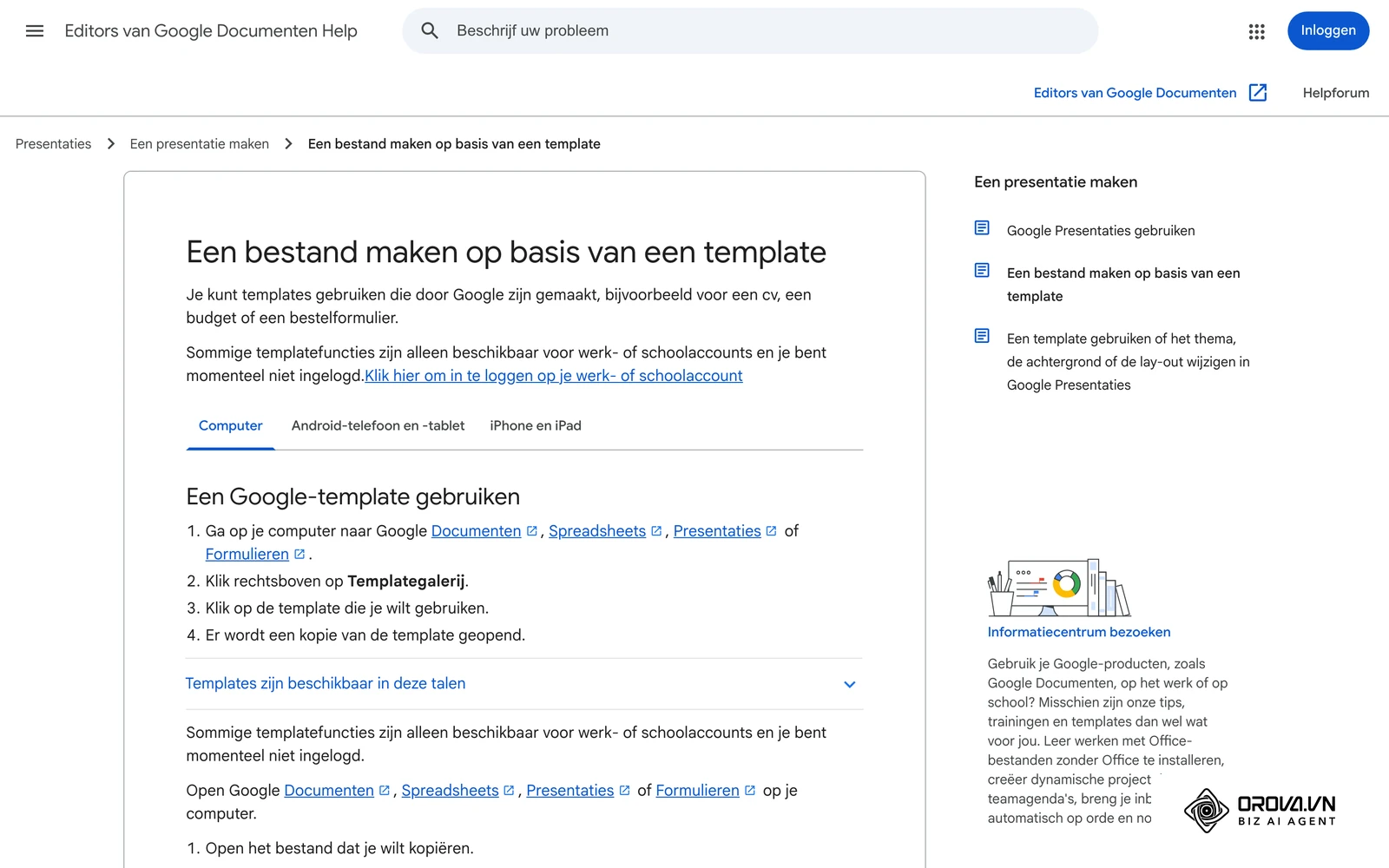 Officiële helppagina van Google «Een bestand maken op basis van een template»: het startpunt om het blad van je contentkalender in Google Spreadsheets op te zetten.