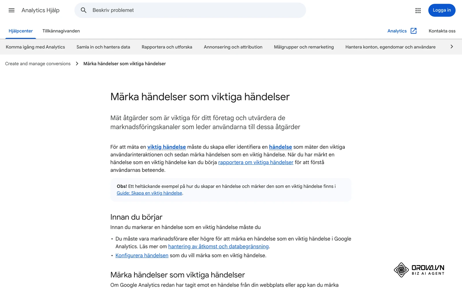 Analytics Hjälp på svenska: Märka händelser som viktiga händelser, så markerar du de händelser som räknas som resultat i GA4.