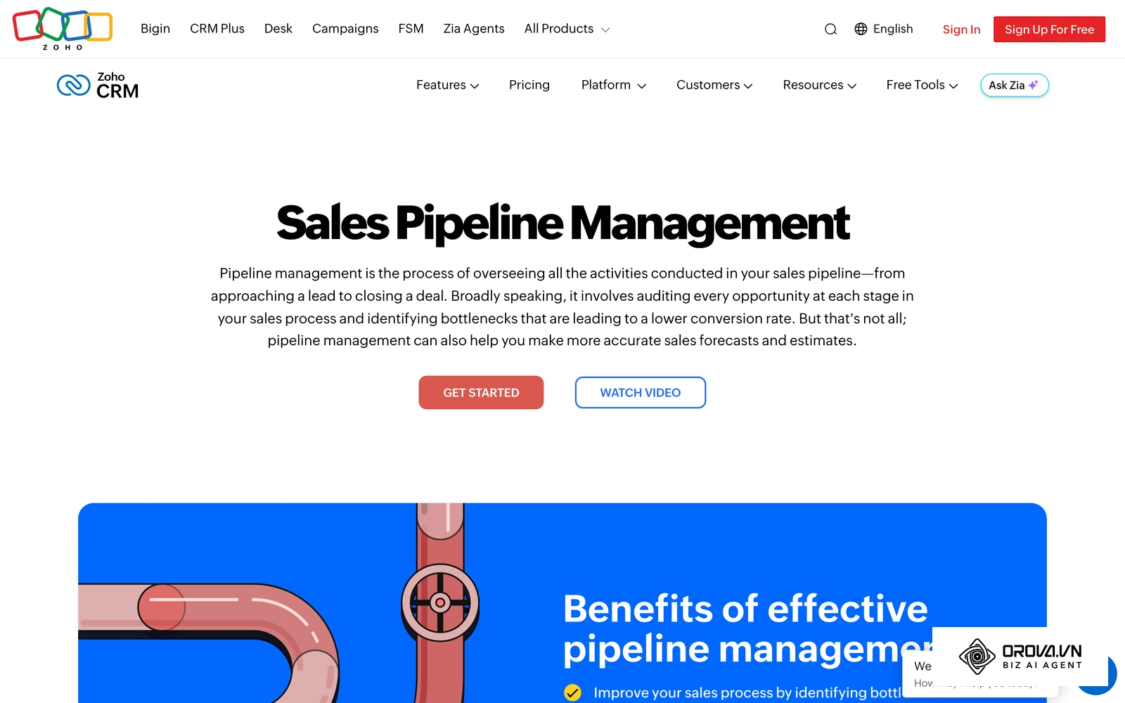 Zoho CRM pipeline management feature page showing its deal pipeline view