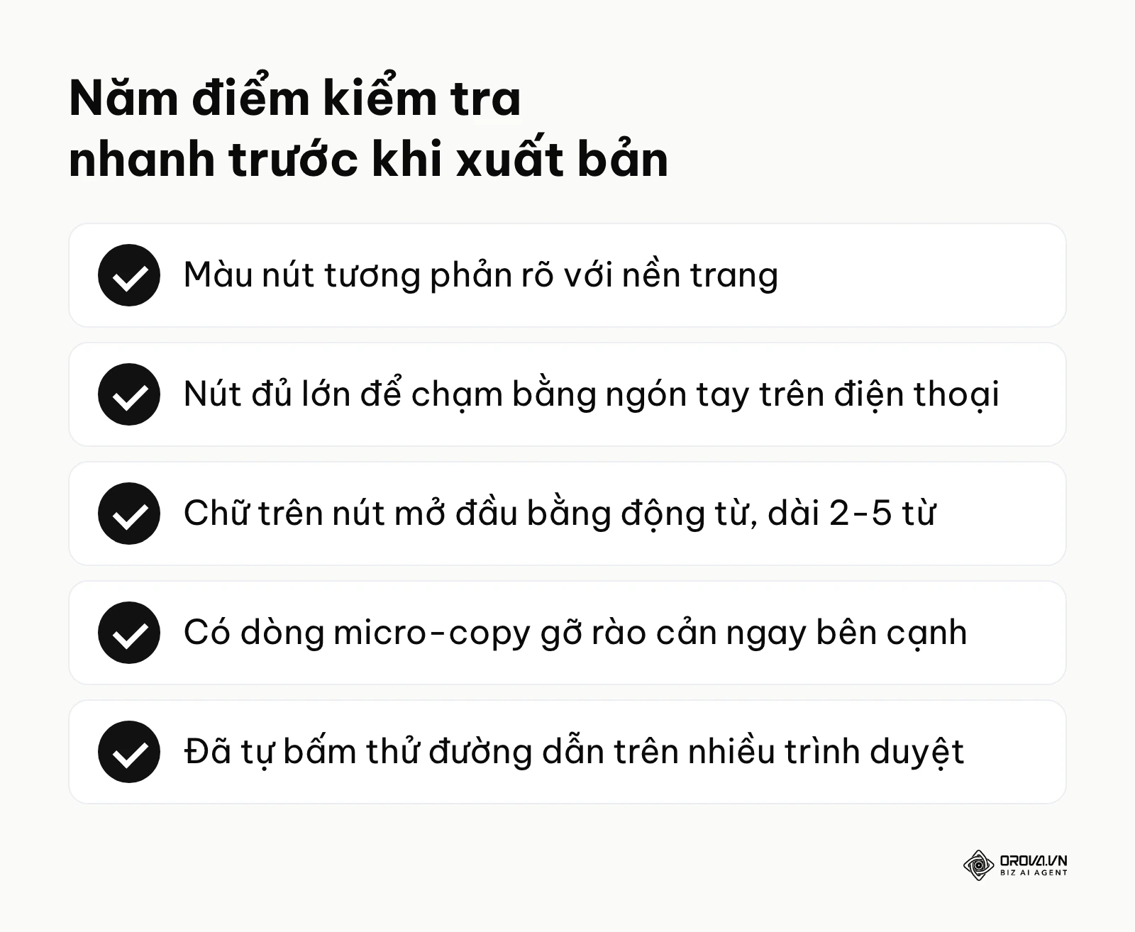 Danh sách năm điểm kiểm tra nhanh nút CTA trước khi xuất bản chiến dịch.