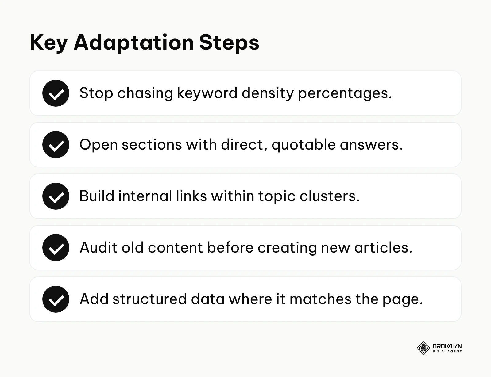 Checklist of 5 steps to adapt to modern on page SEO.