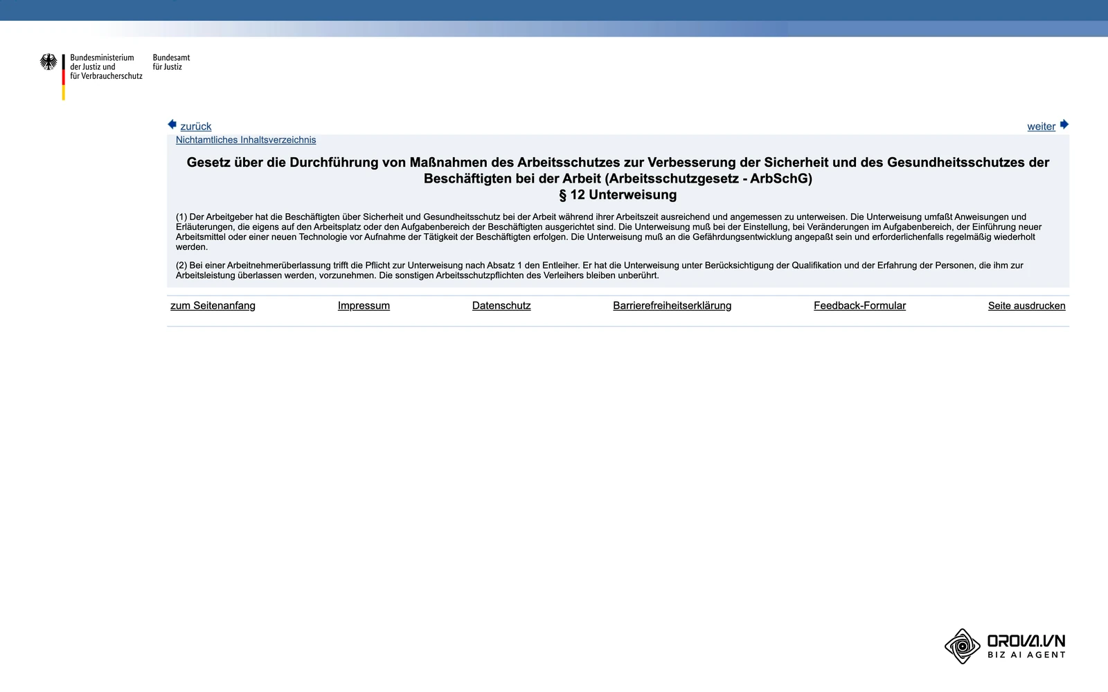 § 12 Arbeitsschutzgesetz (Unterweisung) im amtlichen Portal gesetze-im-internet.de des Bundesministeriums der Justiz.