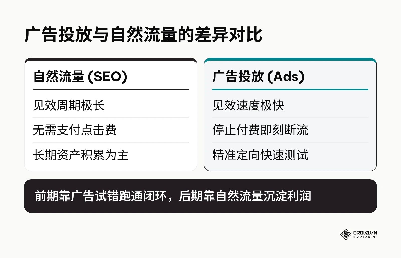 对比自然流量与广告投放的核心差异,包括见效周期和成本结构