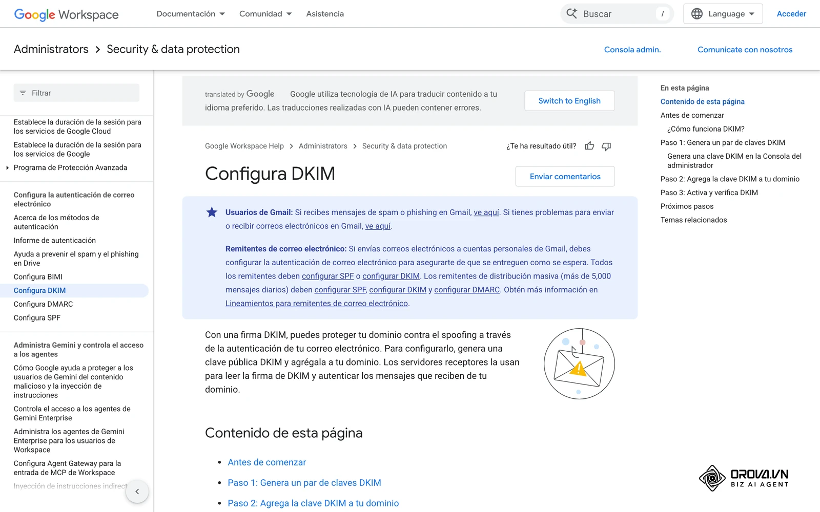 Página de ayuda de Google Workspace que explica cómo configurar DKIM para tu dominio.
