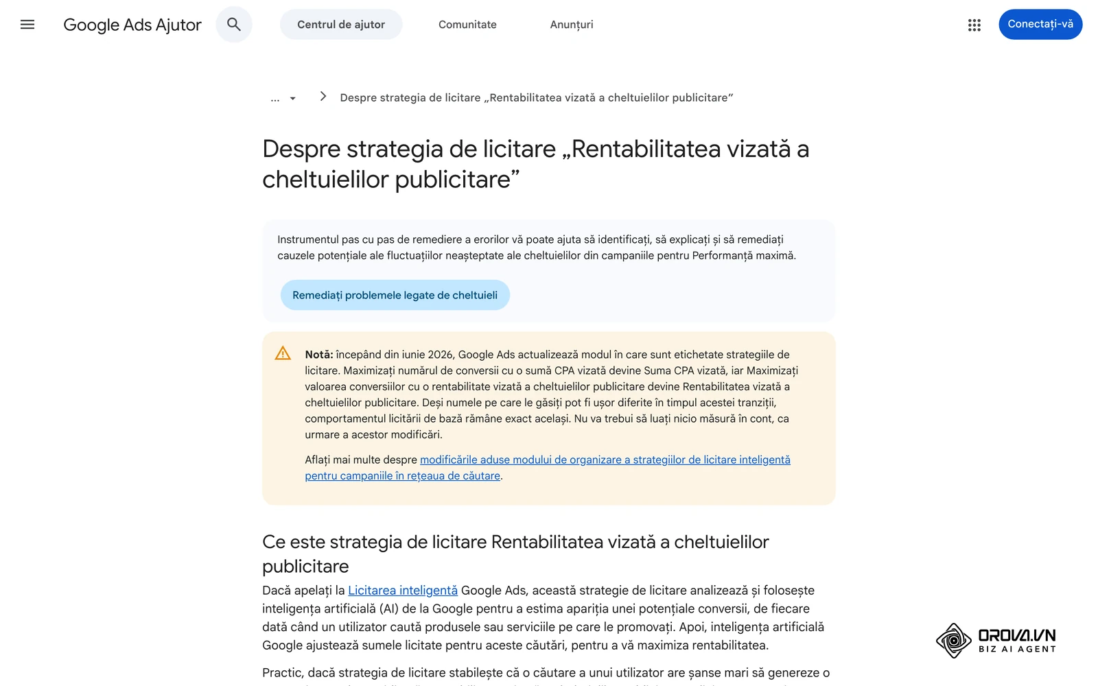 Ajutorul Google Ads în română: strategia „Rentabilitatea vizată a cheltuielilor publicitare” (ROAS țintă) lucrează cu valoarea conversiilor raportată la cost, nu cu profitul după toate costurile.